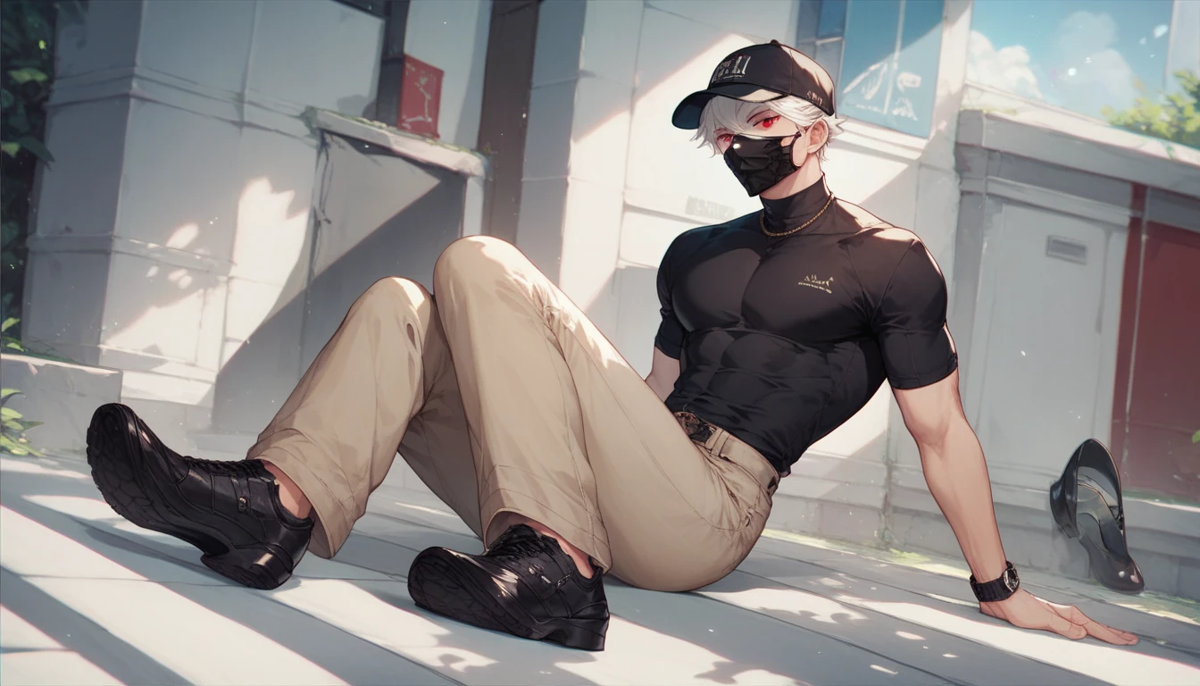 masterpiece, best quality, detailed, unity 8k wallpaper, ultra high res, professional lighting,
1boy, white torn sport tights, bikesuit, white socks, sneakers, torn clothes,
looking at viewer, sitting, sweat,
muscular, abs, big pectoralis, shiny white skin, bare pectorals, large areolae,
detailed face, black eyes, white short hair, shiny blue necklace, eye reflection,
park, night,
<lora:epi_noiseoffset2:0.6>