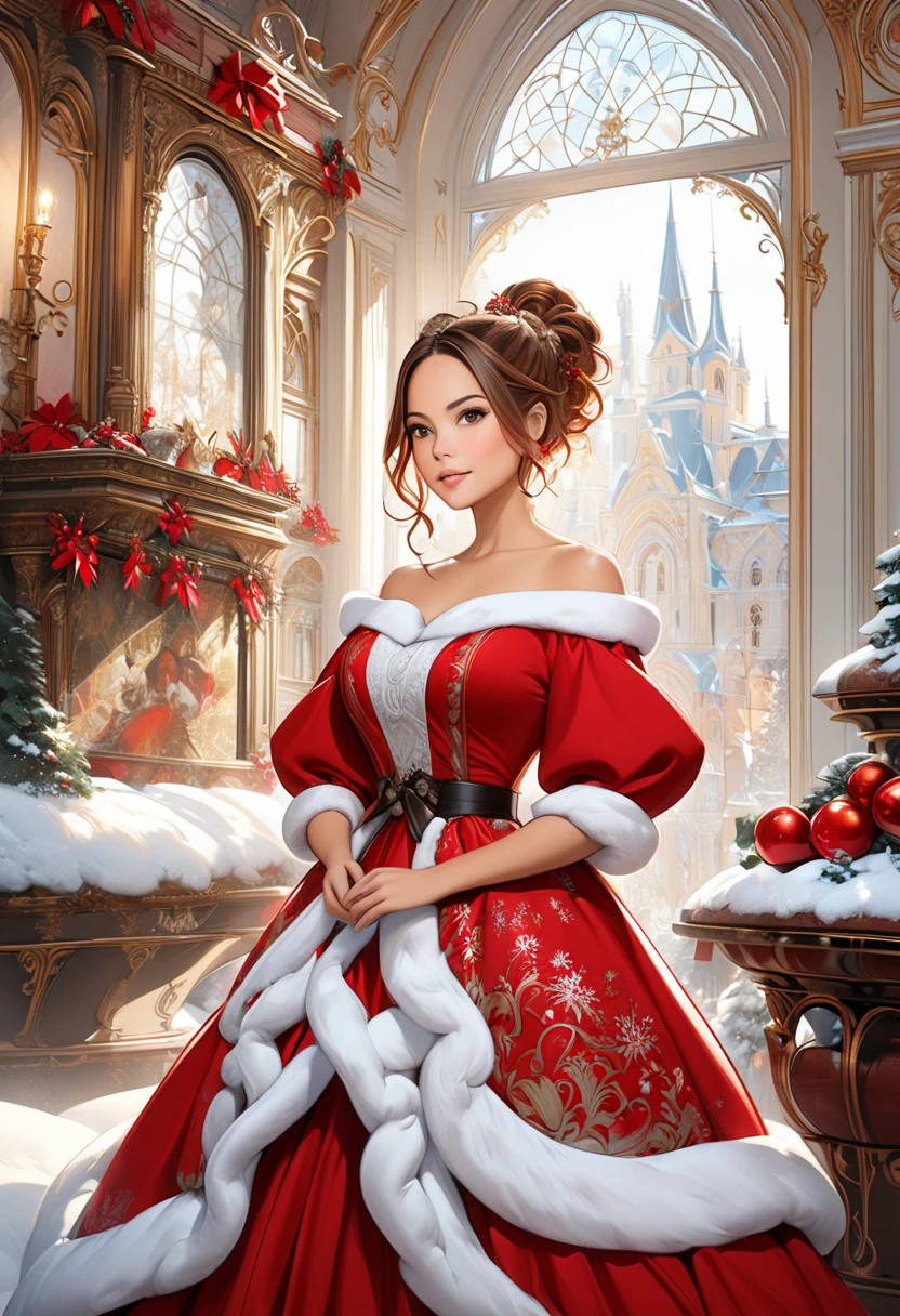 "A young, elegant woman envisioned as a youthful and cheerful Mrs. Claus, blending the features of Olivia Munn, Nathalie Emmanuel and Chloe Bennet. She has vibrant auburn hair styled beautifully and exudes joy, elegance, and festive warmth. The setting is a luxurious Rococo-inspired room with intricate details, featuring a roaring fireplace that creates a cozy, cheerful atmosphere. The artwork is a highly detailed, award-winning digital painting, blending elements of realistic fantasy art, polished 2D vector illustration, and concept art, inspired by the styles of WLOP and Artgerm. The overall composition emphasizes sharp focus, intricate textures, and a polished, elegant norwegian aesthetic."
