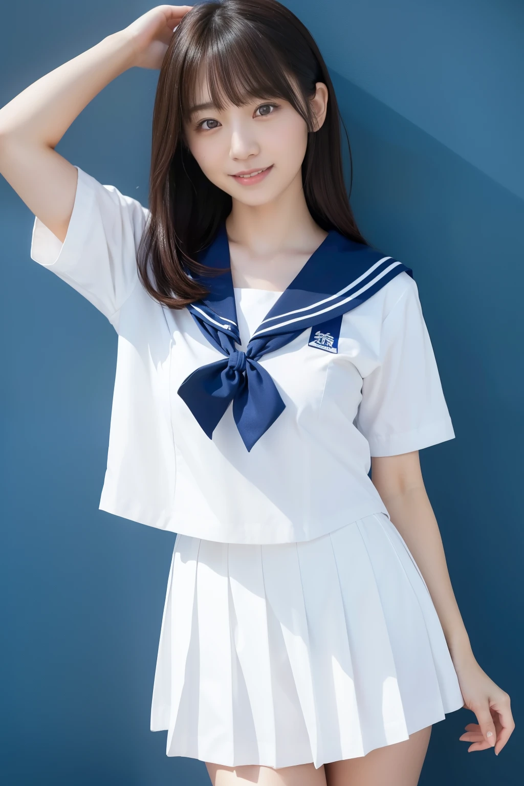 (​masterpiece, top quality , Ultra A High Resolution), Japanese woman holding breasts, A very beautiful 18-year-old girl, Innocent Girl、( Perfect Limbs 、Perfect human body),((Beaver)). cute japanese high school sailor suit、  short sleeve sailor suit  、  bulging corners of the eye 、Pure white beautiful skin、Watery eyes、Sparkling brown hair、Omen of Love 、Colossal 、 Staring at Older Housewives 、Plain background、 G cup chest