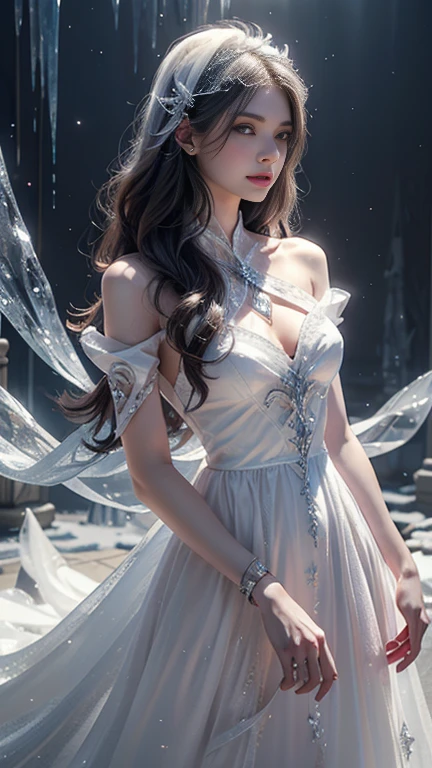 a beautiful ice goddess, good face, happy face, very long hair, realistic eyes, small breasts, ice magician, ice elemental, intricate design and details, chilling mist, cold, blizzard storm, conjuring ice spell, casting ice spell, detailed dress, (orange dress:1.5), realistic ice effect, ((ice:1.5)), snow particles, dark fantasy art style, ruined city, dramatic lighting, cinematic,