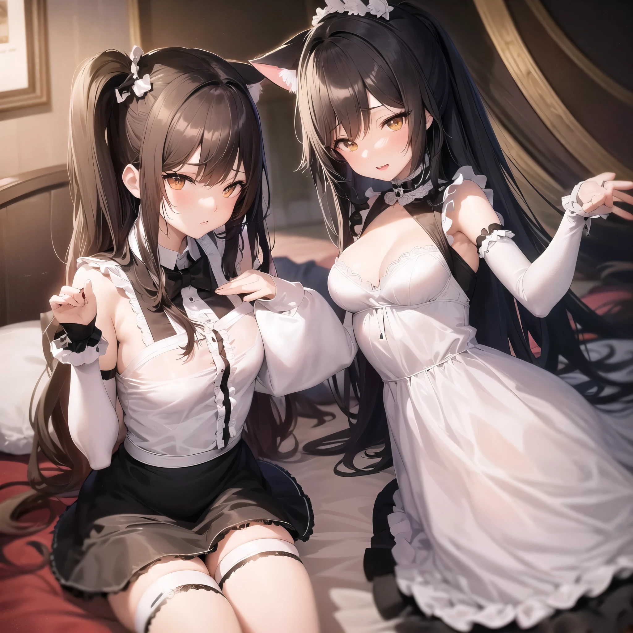 ultra-detailliert, Best Quality, High resolution, ((Two cute girls with dark hair are lying on their backs in bed。)), Pretty eyes、Looking at Viewer, pale skin, Petite,(maid clothes)、(I'm not wearing panties)、(flat chest), (Glasses), (blush:1.2), Blue eyes, An embarrassed smile, NSFW, Focus on the face、