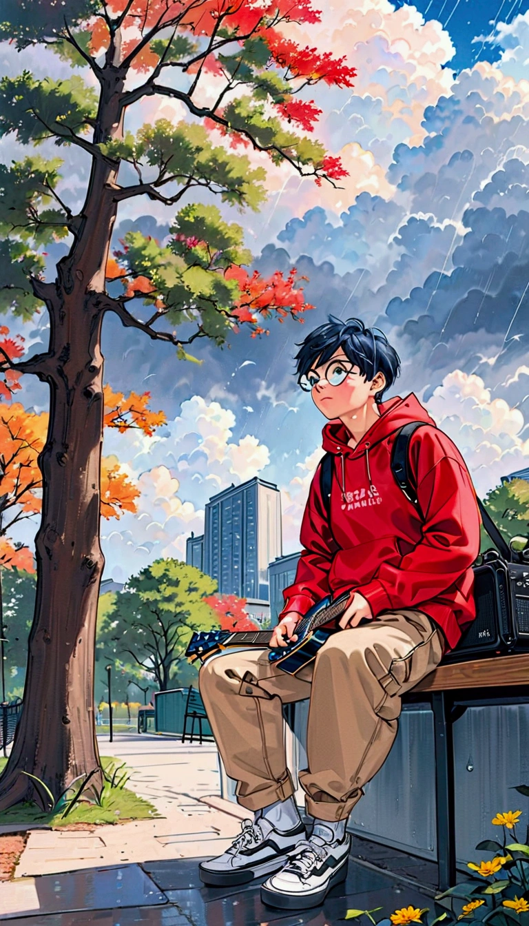  young adult man, Wear hexagonal glasses ,  dressed in a red sweatshirt written AKABOMB ,  beige cargo pants and sneakers Vans black , Sitting on a bench in the city ,  sky navy blue with the weather for rain ,  he is playing a black Ibaneza electric guitar,  connected with an amplifier in a landscape in the park .