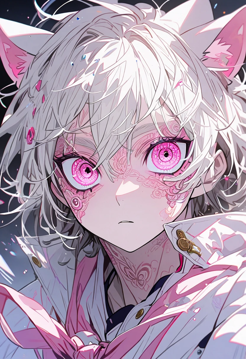 1 man,  white hair, pink eyes,  cat ears,  detailed eyes,  very detailed face ,  , men's sailor clothing,  man
