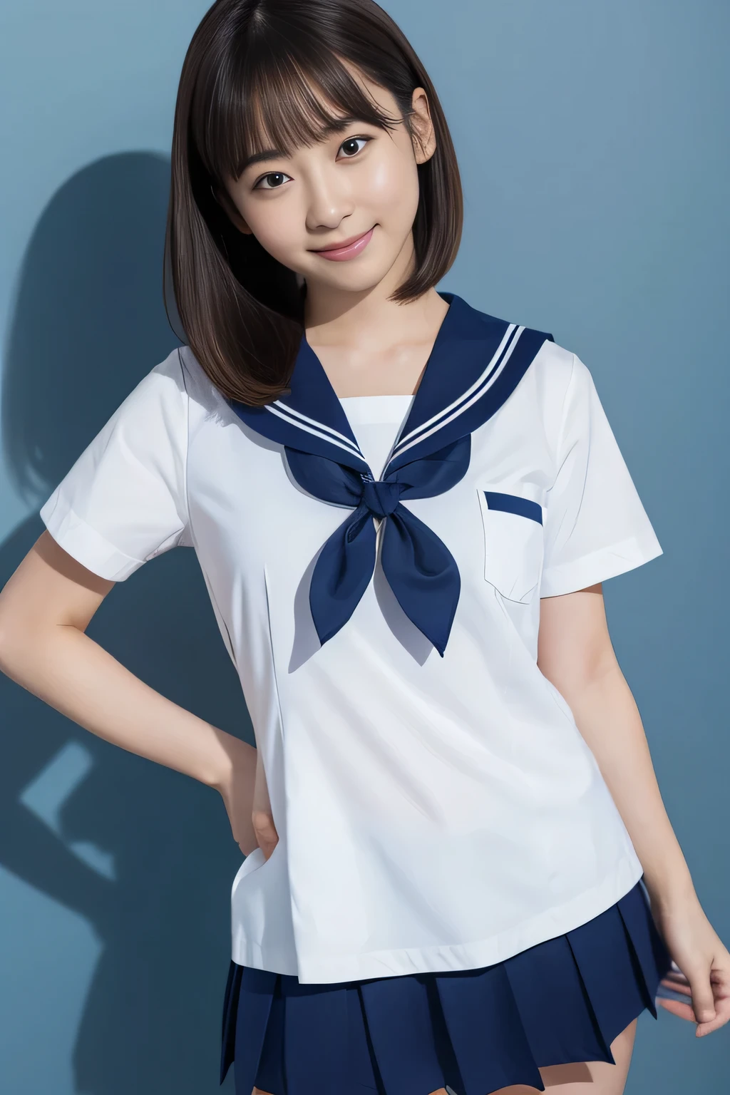 (​masterpiece, top quality, Ultra A High Resolution), Japanese Women, A very beautiful 18-year-old girl, Innocent Girl、( perfect limb、Perfect human body),((Beaver)).( cute japanese high school sailor suit)、 ( short sleeve sailor suit ) 、 ( Navy Blue Skirt )、Pure white beautiful skin、Watery eyes、Sparkling brown hair、Omen of Love 、Colossal 、 embarrassed smile 、Plain background、 G cup chest