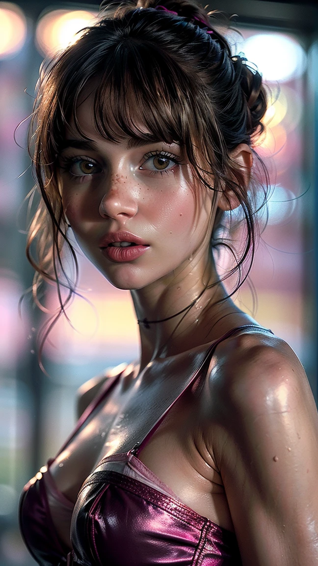 (((ultra realistic))) Photo, masterpiece, top quality, (Pale skin), (ultra detailed face and eyes:1.3), 1 girl, adult, in a dress, ((eye makeup, pink mascara)), ((detailed FAKE lips)), ((rosa wavy hair)), ((stylish hairstyle)) , (natural breasts), (Thin waist). ((Posing, hands on chest)), Photoshoot, (Suave) Turning on, (The game of lights and shadows), depth of field, hips, (Special attention to leather details.: 1.2), detailed skin texture, skin pores. (Erotic frame atmosphere.. Color range: violet, rosa, Tons), DR, ((granularity)), ((good heavens)), (Glare), ((Waist-length portrait)) , ultra detailed, back view, Look at camera