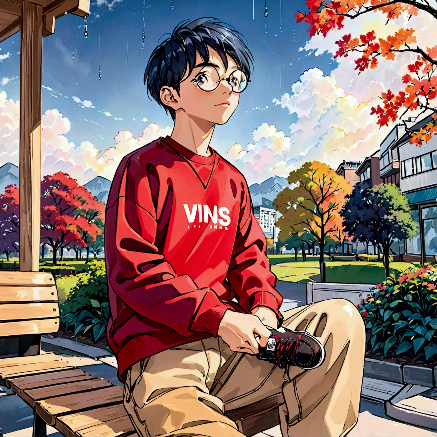  young adult man, Wear hexagonal glasses ,  dressed in a red sweatshirt written AKABOMB ,  beige cargo pants and sneakers Vans black , Sitting on a bench in the city , Dark navy blue sky with time for rain in a landscape in the park. 