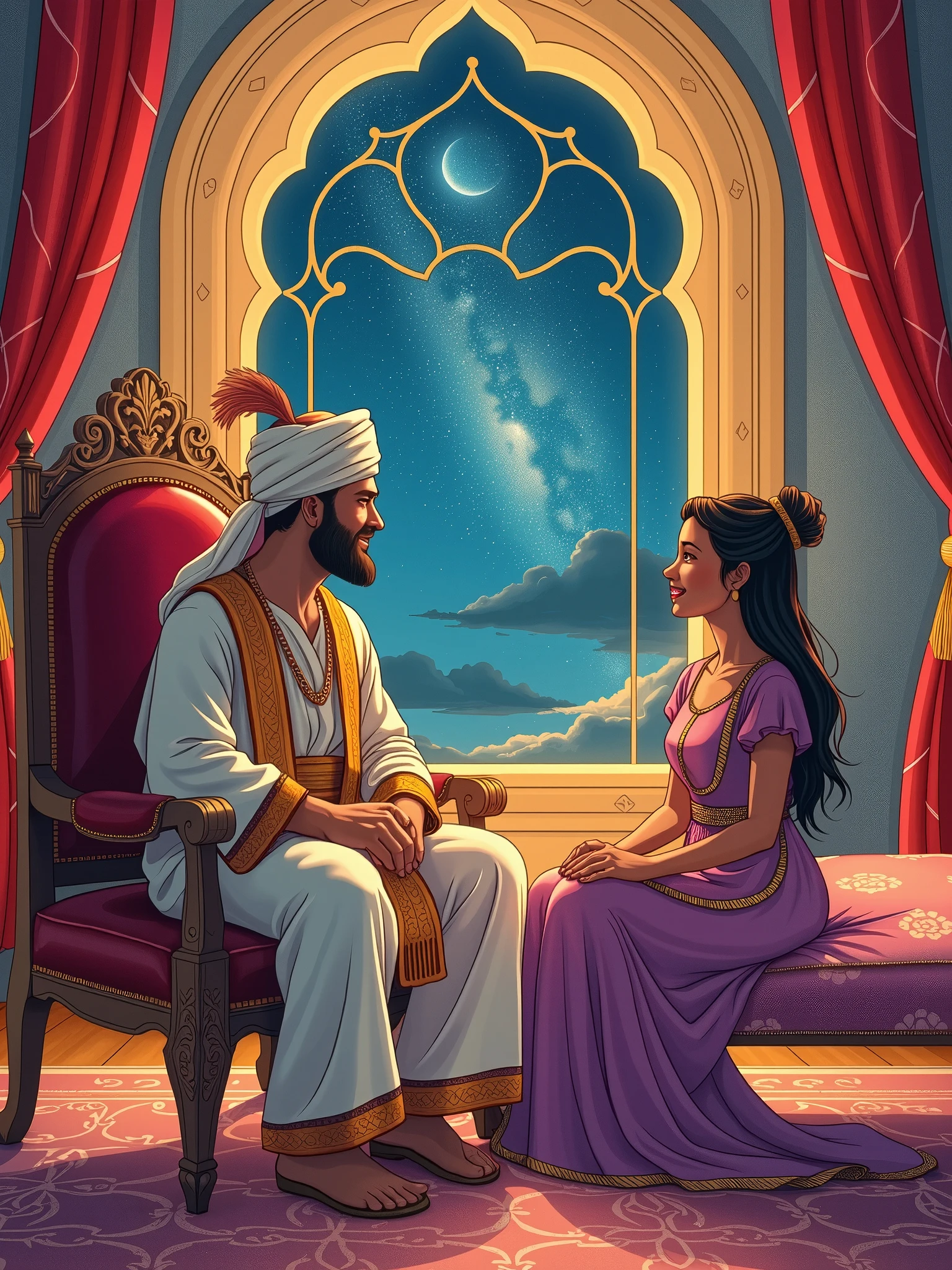 Draw a vivid scene depicting a figure of a sultan in traditional Middle Eastern dress, wearing a turban on his head, sitting on an ornate kingly throne. The man listens to the woman in amazement and love. An elegantly dressed woman in Middle Eastern clothes, wearing a small headdress with a tulle at the end, sits on a divan opposite him, cheerfully telling him a story. In the background, in a palace room, there is an elaborate window through which a starry night sky is visible, adding a magical atmosphere. Highlight the rich colours of their clothes and surroundings.