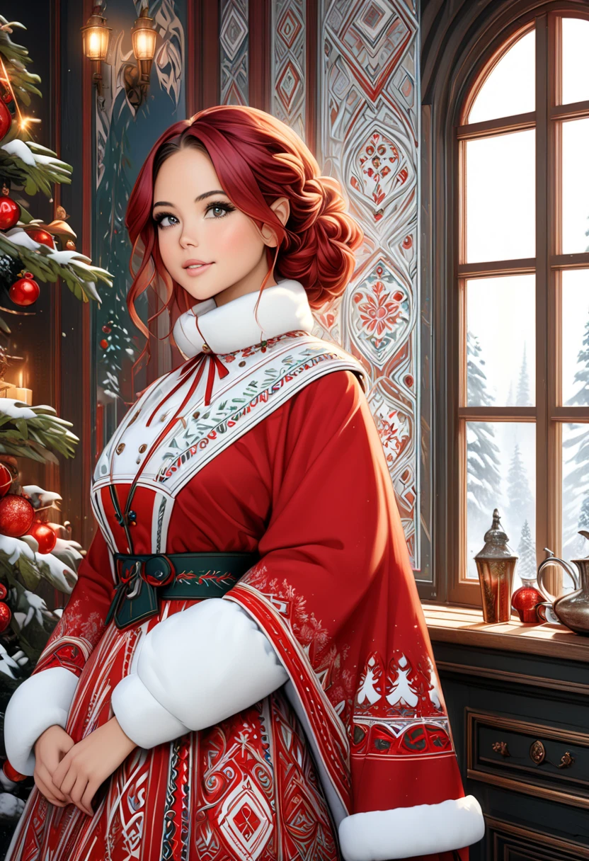 "A young, elegant woman envisioned as a youthful and cheerful Mrs. Claus, blending features of Olivia Munn, Nathalie Emmanuel and Chloe Bennet. She has vibrant auburn hair styled beautifully and exudes joy, elegance, and festive warmth. The setting is a luxurious room with a Norwegian aesthetic, including intricate rosemaling patterns on the walls and furniture, and traditional Norwegian decor. She wears a beautifully detailed Norwegian dress with folk embroidery, enhancing her graceful, festive presence. The artwork is a highly detailed, award-winning digital painting, blending elements of realistic fantasy art, polished 2D vector illustration, and concept art, inspired by the styles of WLOP and Artgerm. The composition features a roaring fireplace and emphasizes sharp focus, intricate textures, and a refined, elegant aesthetic with a cozy, wintery atmosphere."
