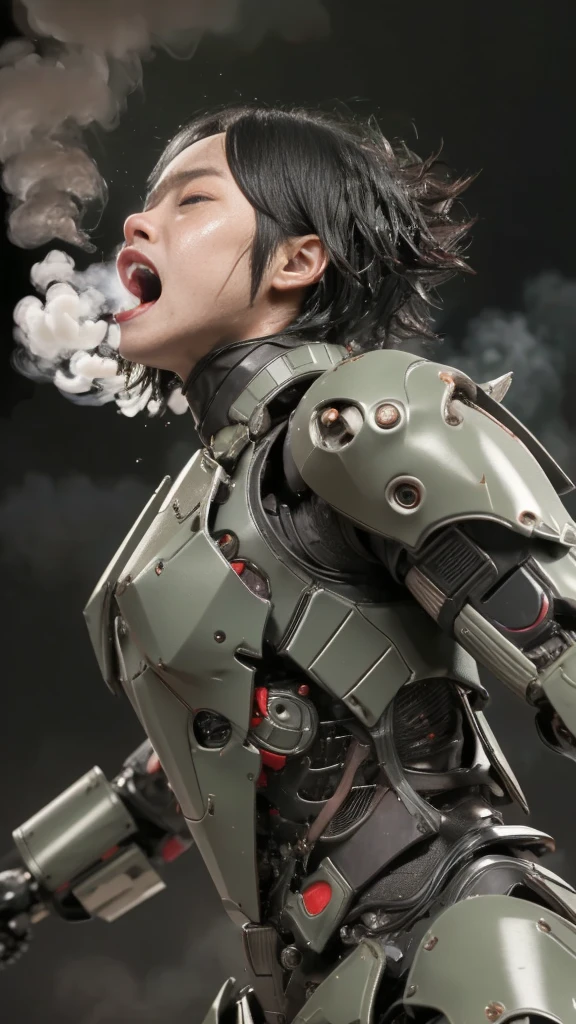 ,  非常に  Detailsな,   Details,   high image quality, 最  high image quality,     high definition   , 1080P 、  smoke coming out of the wound   　  green armor  、    Steam Coming Out   、cute((全身のSerious damage))(   injured woman in robot suit ...)()(Broken Armor)((   cracks are spreading   ))(Black   smoke coming out of the wound   )   black hair、 Boyish short hair、Torn Armor、   wet hair 、  close your eyes 　 Open Your Mouth 、(  steam coming out of the body  )Sweaty face、It hurts again、Serious damage、saliva splashes out of her mouth 、saliva dripping from the mouth、  Female college student lifting  　Walk a short distance　 首の周りの肌が見えない injured woman in robot suit   　(  steam is coming out of my face  ) (( black  smoke coming out of the wound   ))   looks up　saliva　(   rear view   )    being slammed against a wall  　Bust exposure  　Armor is peeling   