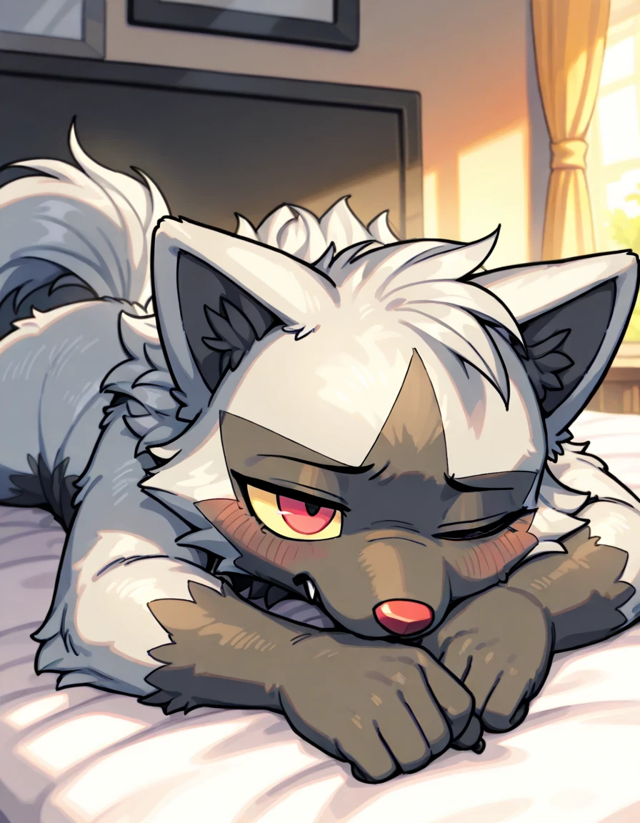 solo, girl Poochyena, lying on stomach on a bed, 8K, high-detailed fur, sleepy face, snout