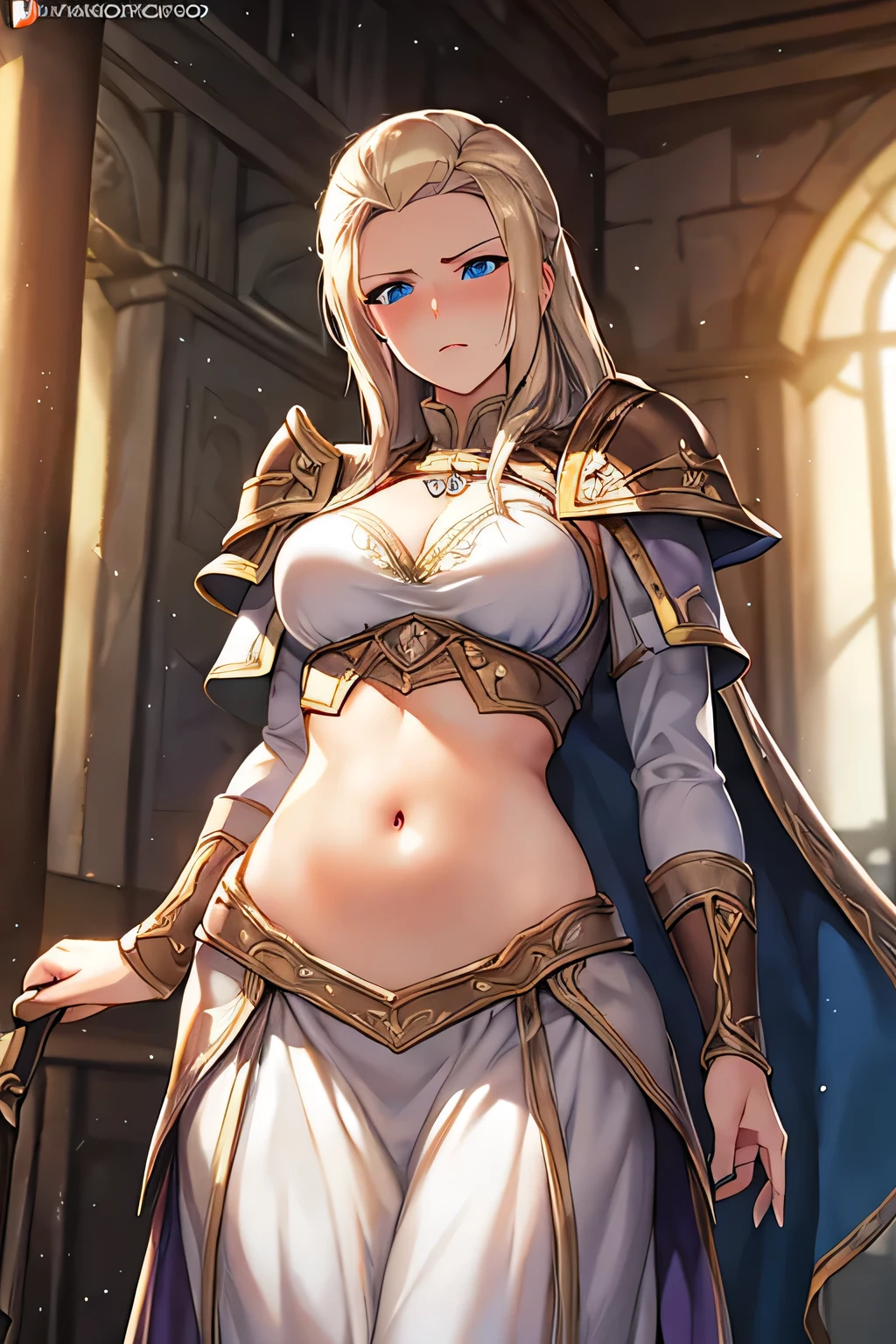 super fine illustration, vibrant colors, masterpiece, sharp focus, best quality, depth of field, ultra detailed, 1girl, solo, blush, waist cloth, long sleeves, armor, world of warcraft, jaina proudmoore, looking down, wowjaina, blonde hair , jainaproudmoore, armor, shoulder pad, long skirt, red lips, annoyed, simple background, leaning back, blue eyes, leaning back, hand on own stomach, wide hips, belly button, tummy, walking