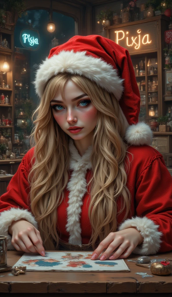 masterpiece, 8k, HDR, 3D, best quality, photograph, analog style, real life, extremely beautiful, (highly detailed, intricately detailed), (highly detailed skin), (alluring eyes), An image of (1female), long straight blonde hair, blue eyes, mascara, bright red lips, dressed as Santa Claus, looking at the viewer, with eyes full of excitement, carefully choosing different images for the Christmas gifts she is preparing. Each image she adds has a special and unique touch, transforming simple images into works of art full of love and care. The shop has a sign that says "Pixja" the text is "", creating a perfect atmosphere of warmth and creativity