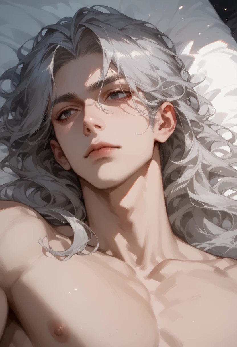 anime character, White hair, Curly hair, Pale skin, Purple eyes, Long white eyelashes, male, muscular,