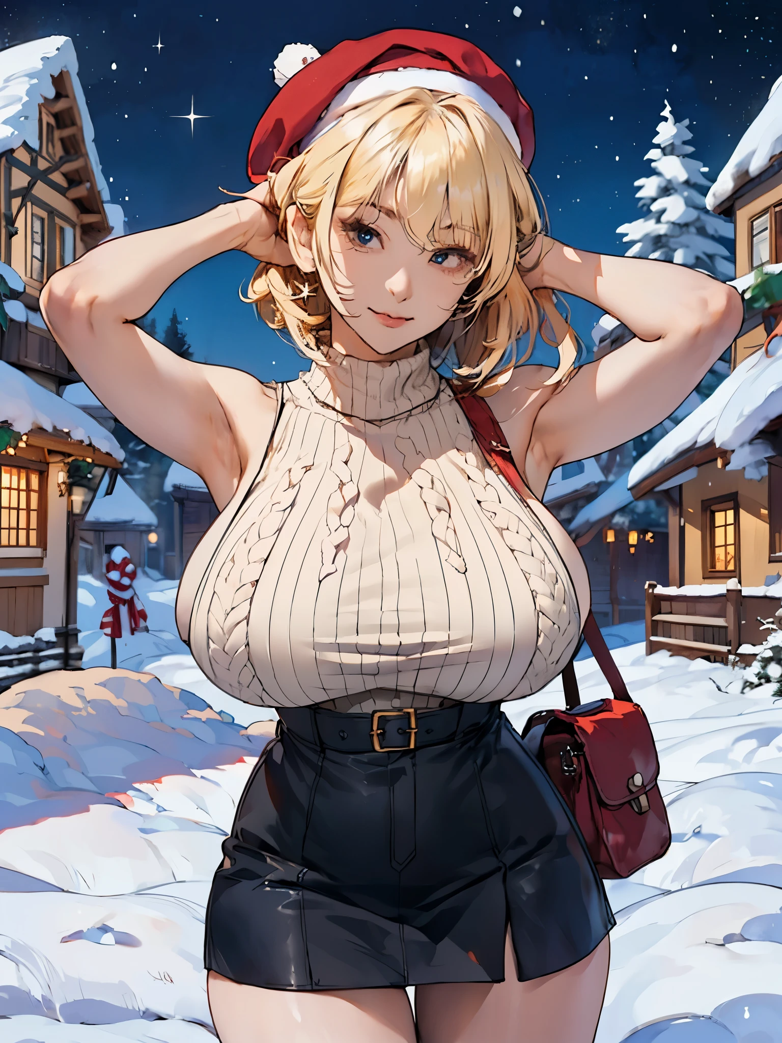 girl, one-hand on hair, sleeveless turtleneck sweater minidress, (gigantic breasts:1.4), armpit, beret, short hair, bangs, looking at viewer, fanny bag, thigh, snow, snowy, village, starry sky, top quality, masterpiece, ultra detail, ultra high resolution, blonde hair, santa,