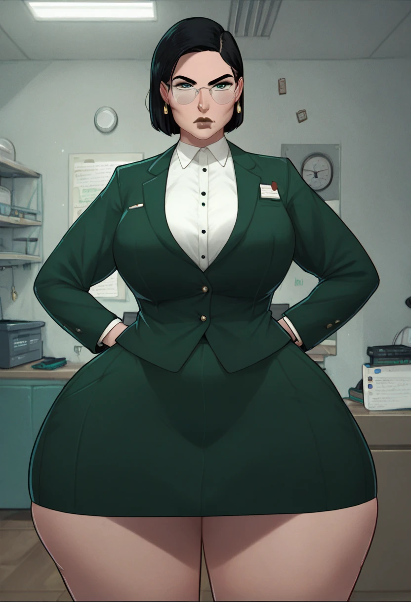 An elderly woman, medium bob hairstyle ,black hair,grey glasses,serious face,green blazer,green pencil skirt, gigantic boobs, gigantic ass,a manager office room,front view,brown lipstick,