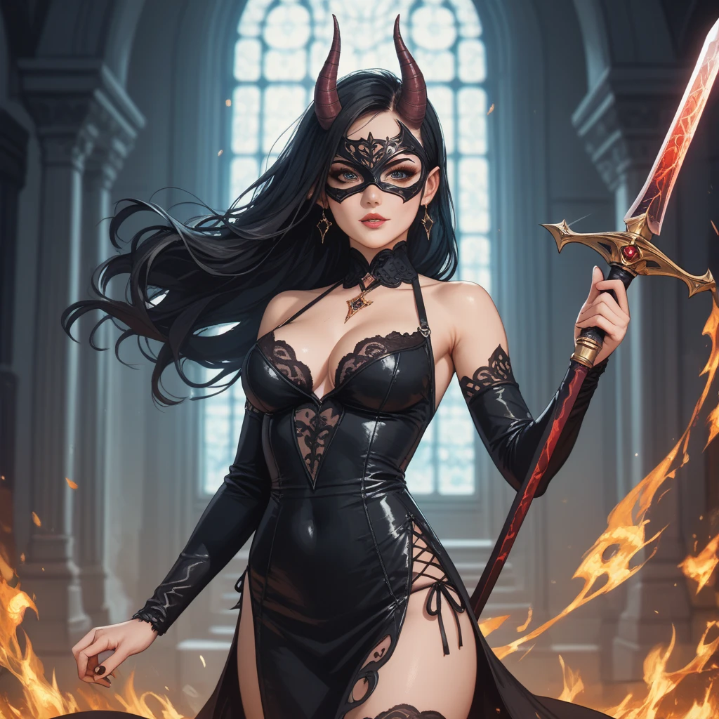 a woman in a costume with a sword,  succubus in short tight dress, Powerful and sexy sorceress Xianxia , the evil fire witch, black haired mage, with black lace eye mask, wearing clear black lace eye mask with viscose details,  wearing black floss panties ,  anime art 