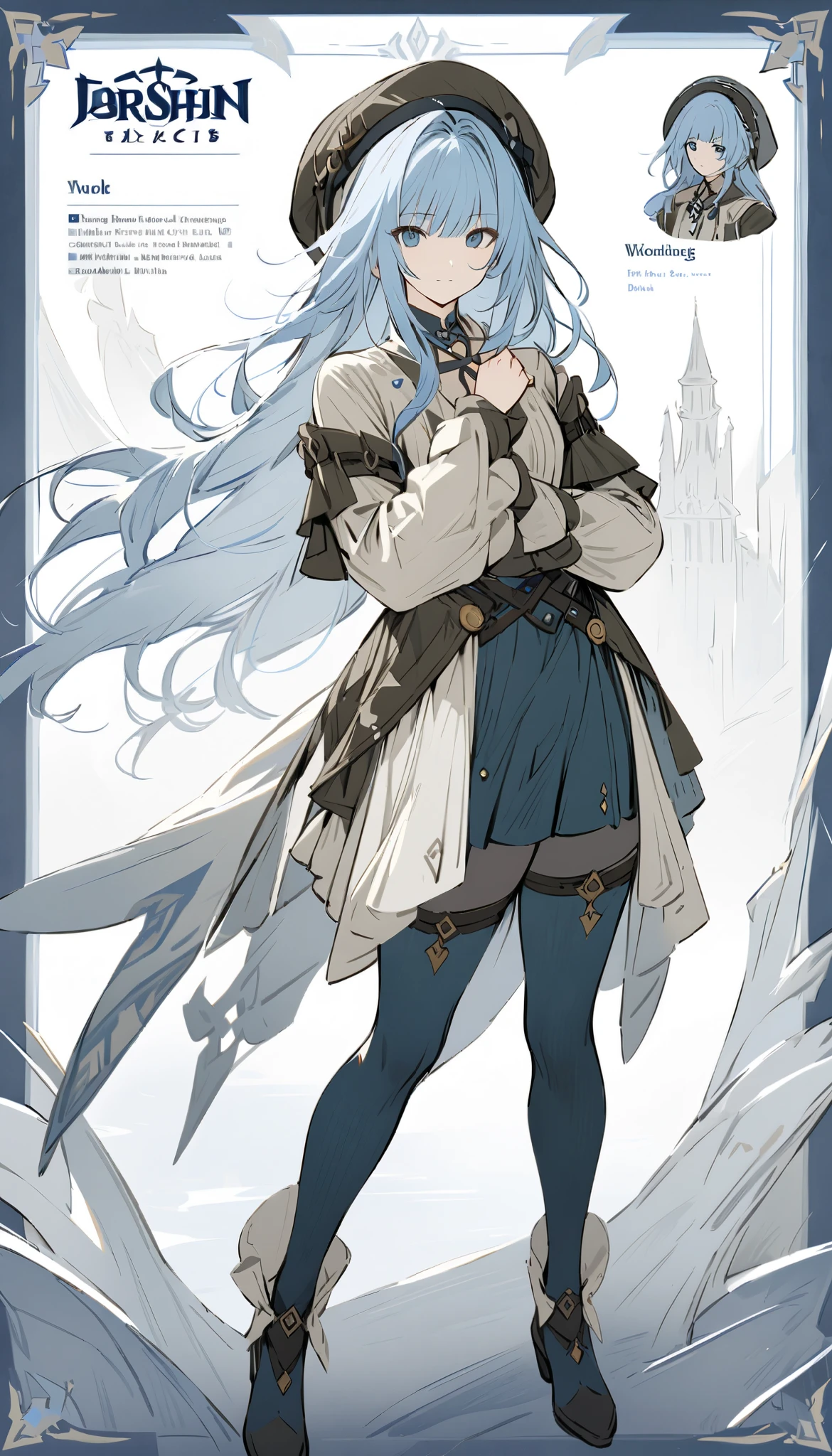 ((masterpiece)), ((best quality)), ((high resolution)), full body, standing, fantasy, genshin clothes, Wuthering waves outfit, fantasy theme, character sheet, standing, Shoulder length hair, light blue hair, upright pose, looking at the camera,bard , beret hat with feathers , short skirt, tights, Dark blue highlights hair 