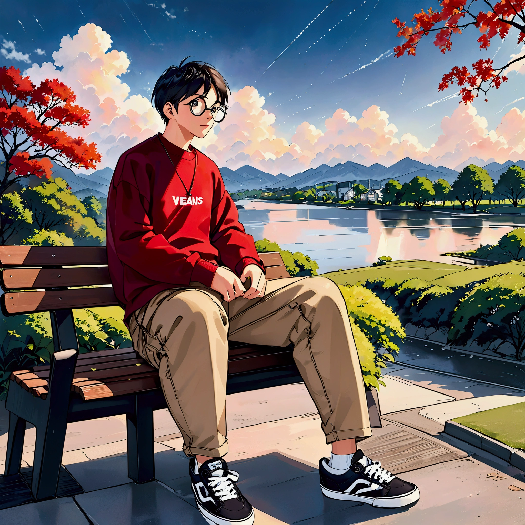  young adult man, Wear hexagonal glasses ,  dressed in a red sweatshirt written AKABOMB ,  beige cargo pants and sneakers Vans black , Sitting on a bench in the city , Dark navy blue sky with time for rain in a landscape in the park. 