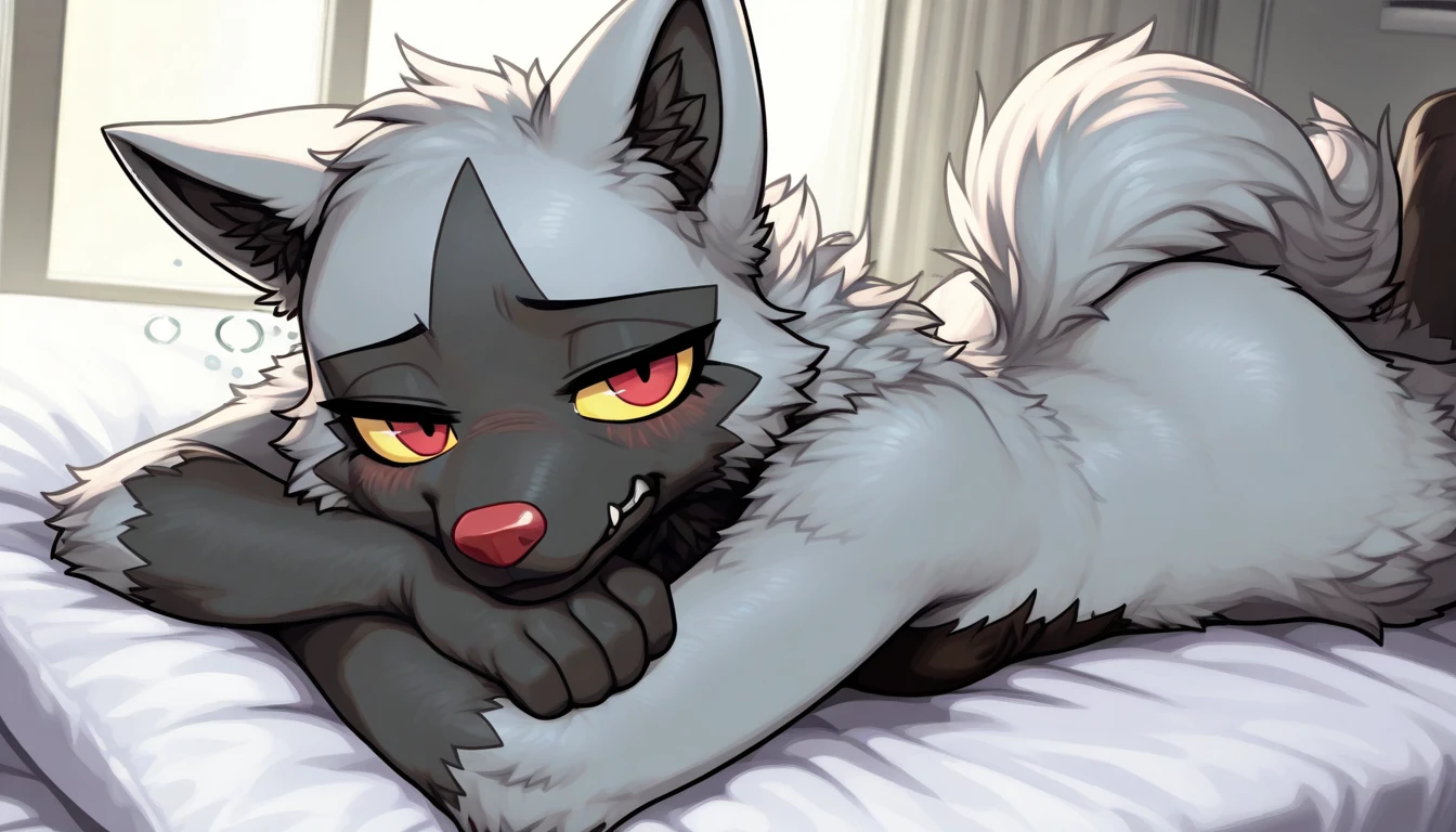 solo,  girl Poochyena, lying on stomach on a bed, 8K, high-detailed fur, sleepy face, snout