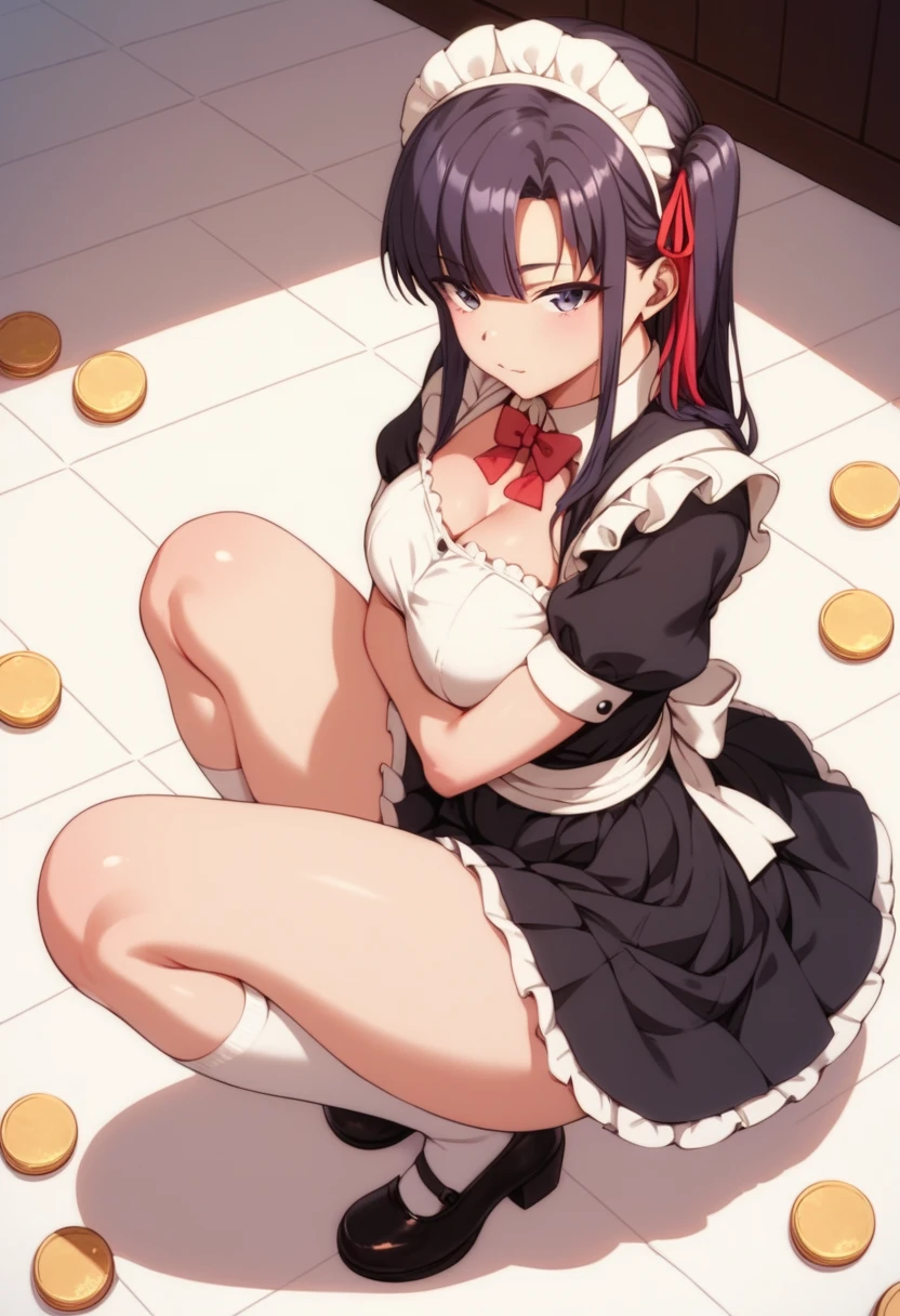 Sakura:    dressed as a maid, Crouched down to pick up a coin on the floor . short skirt.