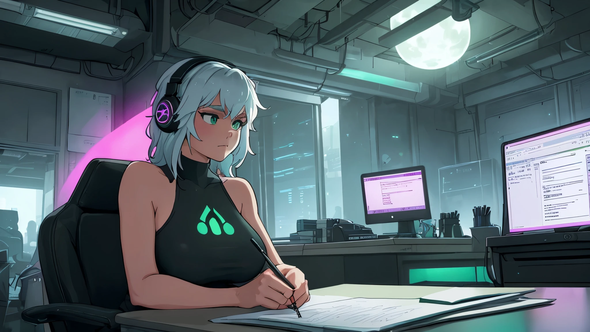 "A woman with a well-endowed figure, sitting at a modern desk with her hands poised over the keyboard, actively typing lines of code on the glowing computer screen. Her expression is one of intense concentration, her brows slightly furrowed as she focuses deeply on her task. The soft glow of the monitor casts a gentle light on her features, contrasting with the dim, serene ambiance of the room. Outside the open window, a bright, full moon bathes the scene in silvery light, complementing the tranquil, quiet night. She has short, stylish ombre hair transitioning from vibrant green at the roots to soft white at the tips, creating a striking contrast under the moonlight. She wears a fitted pink tank top that complements her figure and black leggings that highlight her relaxed yet purposeful posture. The desk is scattered with a few coding-related items, such as sticky notes, a mug of coffee, and a pair of headphones, adding to the realism of the workspace. The overall composition blends the serenity of a calm night with the subtle cyberpunk aesthetic—marked by the glow of the screen and the subtle futuristic undertones of her surroundings. The environment feels personal and immersive, capturing the essence of a focused night spent creating and solving complex problems."