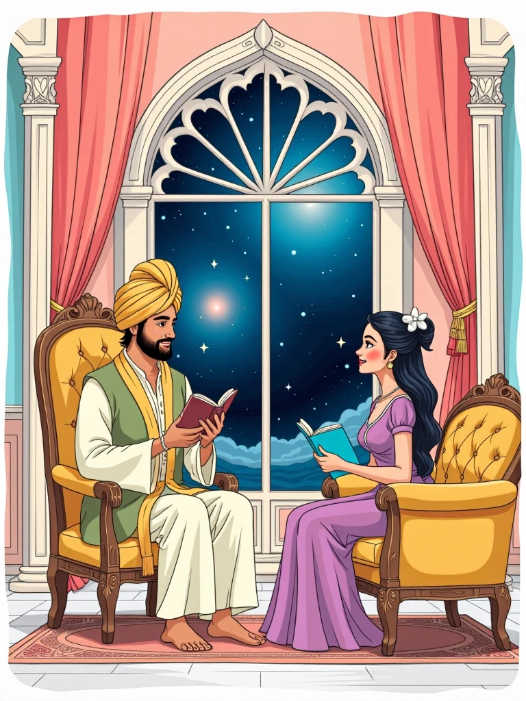 Draw a vivid scene depicting a figure of a sultan in traditional Middle Eastern dress, wearing a turban on his head, sitting on an ornate kingly throne. The man listens to the woman in amazement and love. An elegantly dressed woman in Middle Eastern clothes, wearing a small headdress with a tulle at the end, sits on a divan opposite him, cheerfully telling him a story. In the background, in a palace room, there is an elaborate window through which a starry night sky is visible, adding a magical atmosphere. Highlight the rich colours of their clothes and surroundings.