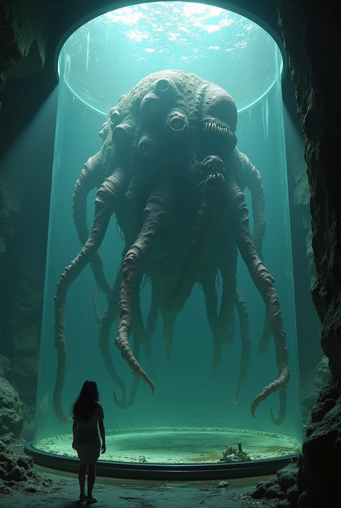 Inside a spaceship a tentacular beast tries to grab a girl who was showering naked in a shower with its tentacles. 