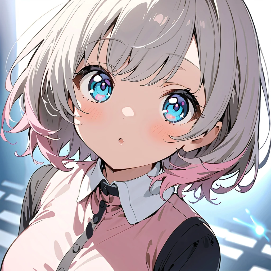 Piece that sticks to cheeks 、asymmetry bangs, swept bangs.,{{{masterpiece}}}, {{{ top quality }}}, {{ ultra detail }}, {beautiful detailed eye}, 1 girl, Alone, ((Gray Hair)),(bangs),   angle from above、  looks up, girl ,Midea,eye、  Staring at Shota Boy  、Gray Hair、 pink hair tips 、Alone、  short hair、白い  short hair、 song、Idol、  short hair、  short hair 、  bob hair、  stageに立ち song、白く  short hair 、Pink hair with pink tips 、  short hairー、  long sleeve pink shirt with white collar、 pretty  girl、Detailed eye、Anime、  Shirogane Noel、Anime塗り、  odd-eye、 blue eye、  stage、  black skirt 、 adult older sister 、 simple background、,Alone、 1  girl、E art style  、 Light Shines In 、Beautiful Shadows、Alone、singer、 microphone 
