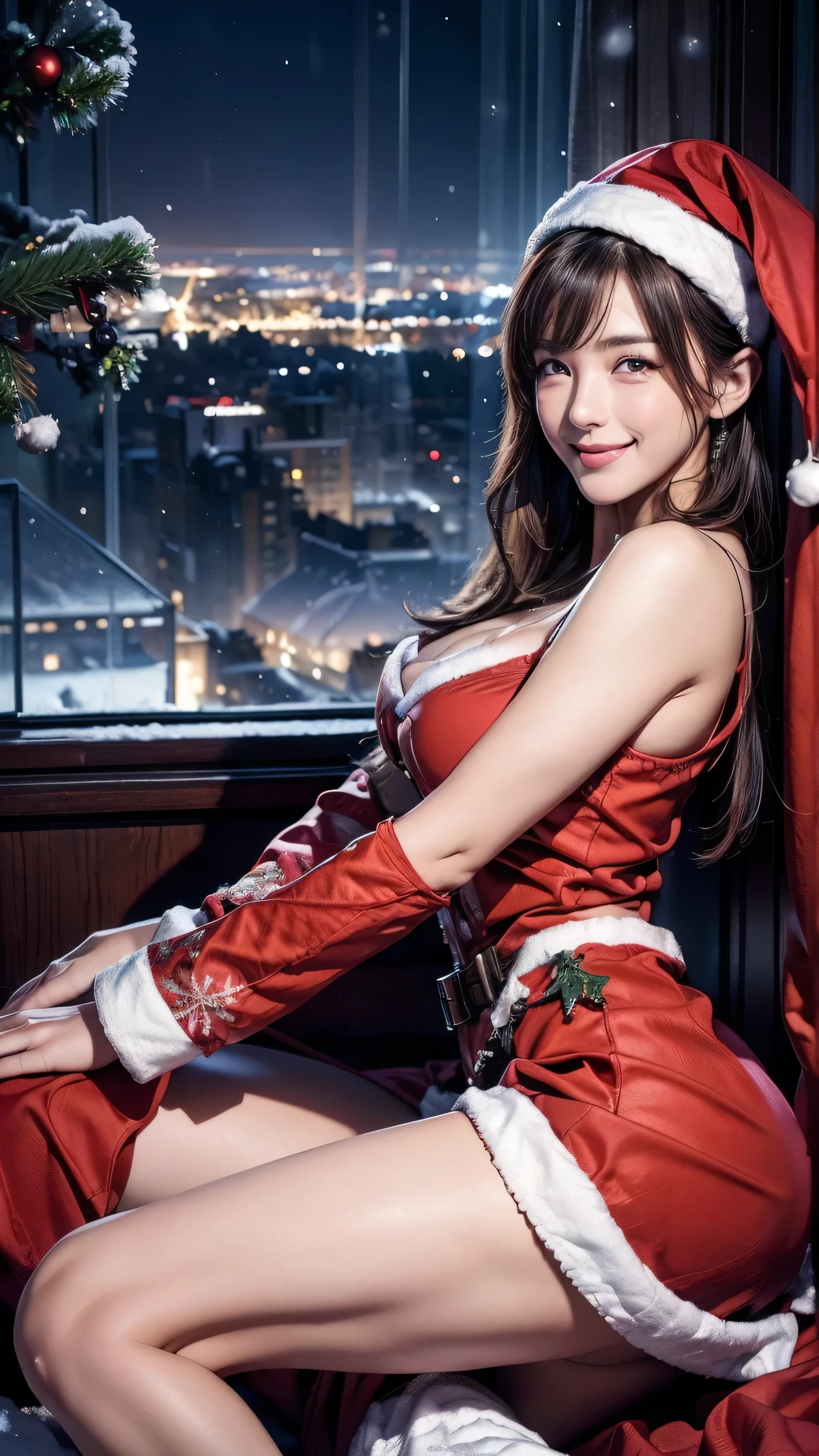   Masterpiece  ,  top quality ,  illustrations,  ultra detail ,  detailed,  High Definition , 8k wallpaper, Perfect dynamic composition,  SEXY WOMEN 、 beautiful detailed eyes ,  opening mouse ,  old man with sexy face , Expression Full of Joy at Climax , Face at Peak Sexual Arousal ,  Look at the Viewers 、((smile))、 (( Christmas costume))、(( dark background )),  in Mark Demsteder's style，(( Luxury Hotel Bedroom ))、((Night view of the city with snow falling on the window ))、