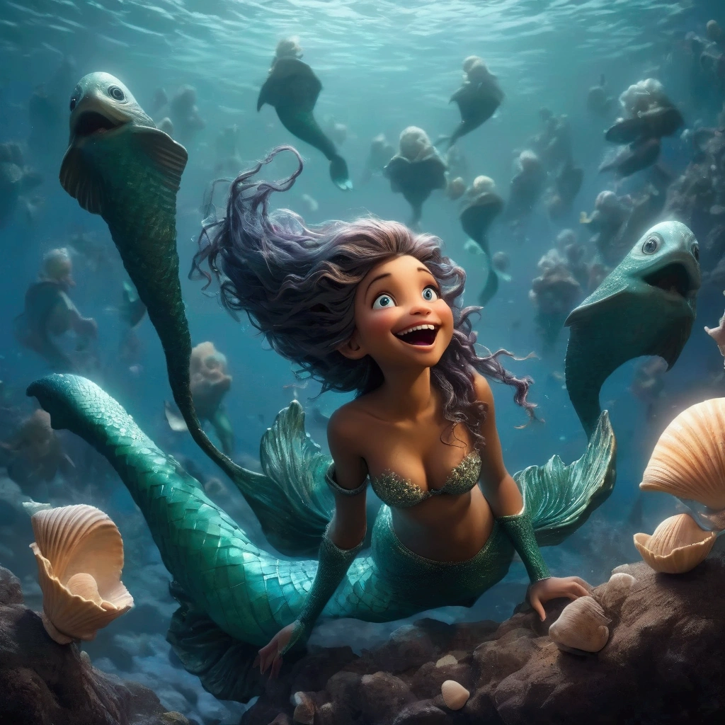 A shark themed mermaid (age 10, sea star bra, dark eyes, deep blue hair, shark fin on back, over sized mouth with razor teeth) seen from the side, she is disinterested in the viewer, she is hungrily eating a fish, colorful reef
