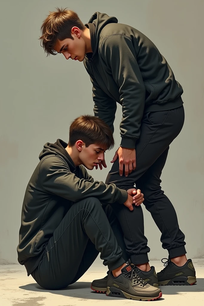 A young teenage boy puts Nike air jordan 1 on a young teenager. The Jordans should be easily recognizable and original. Both have their hair styled and the sides at zero. Both boys are German