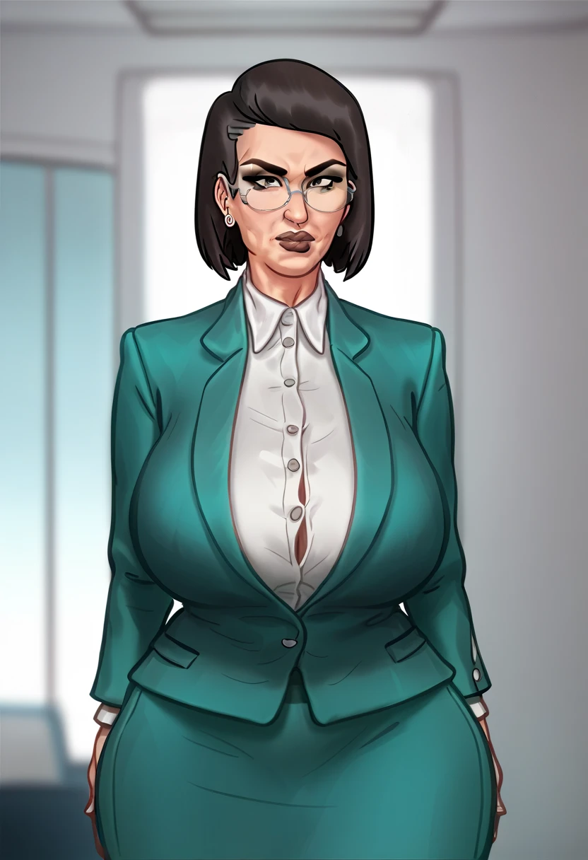 Female,milf,mature, 50 years old, medium bob hairstyle ,black hair,grey glasses,serious face,green blazer,green pencil skirt, gigantic boobs, gigantic ass,a manager office room,front view,brown lipstick,