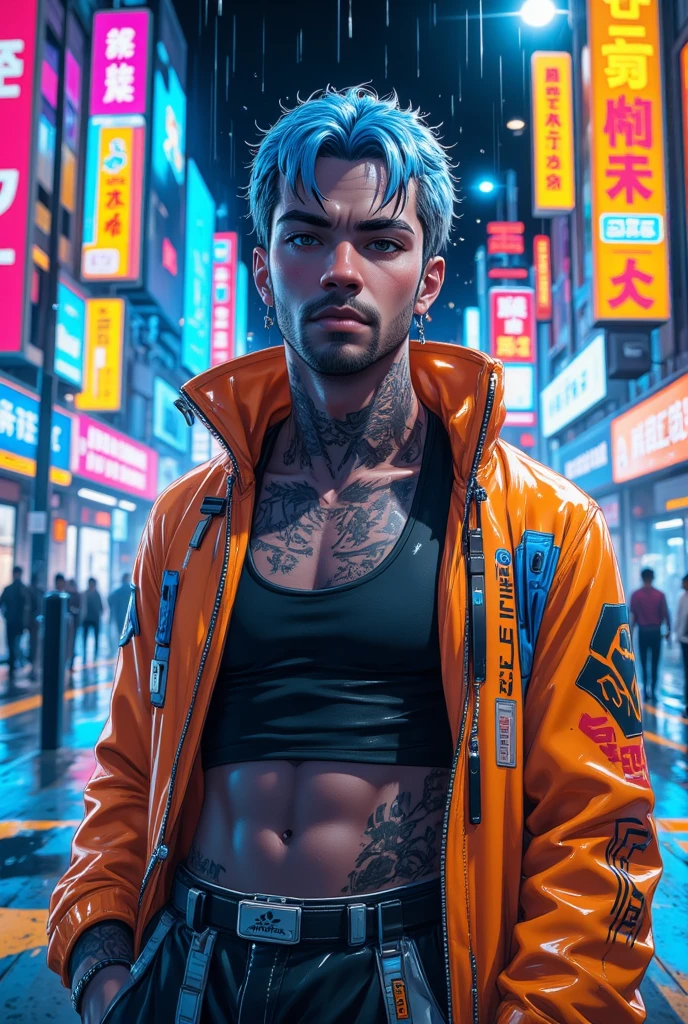 striking digital illustration of a Black male character, his distinct blue hair styled in a disguised, cyberpunk fashion, glowing faintly with neon undertones. His brown eyes radiate a calm intensity, and his skin is adorned with a unique, intricate sewing tattoo pattern that wraps around his entire body like a living artwork.

He is dressed in sleek cyberpunk pants with glowing accents, paired with stylish, iconic Adidas sneakers, blending modern fashion with a futuristic vibe. Over his outfit, he wears a flowing Jujutsu Kaisen-inspired overcoat, detailed with bold symbols and intricate designs reminiscent of the anime’s aesthetic, the fabric billowing slightly as if caught in a breeze.

The background is a vibrant cyberpunk cityscape, glowing with neon signs, holographic projections, and rain-slicked streets reflecting the lights. The overall composition combines dynamic energy and sharp detail, emphasizing his stylish yet enigmatic presence.

| cyberpunk | anime-inspired | detailed tattoo | futuristic fashion | vibrant neon lighting | Jujutsu Kaisen aesthetic | high-resolution | cinematic pose | photorealistic textures | modern and futuristic fusion | 8K ultra-detail.