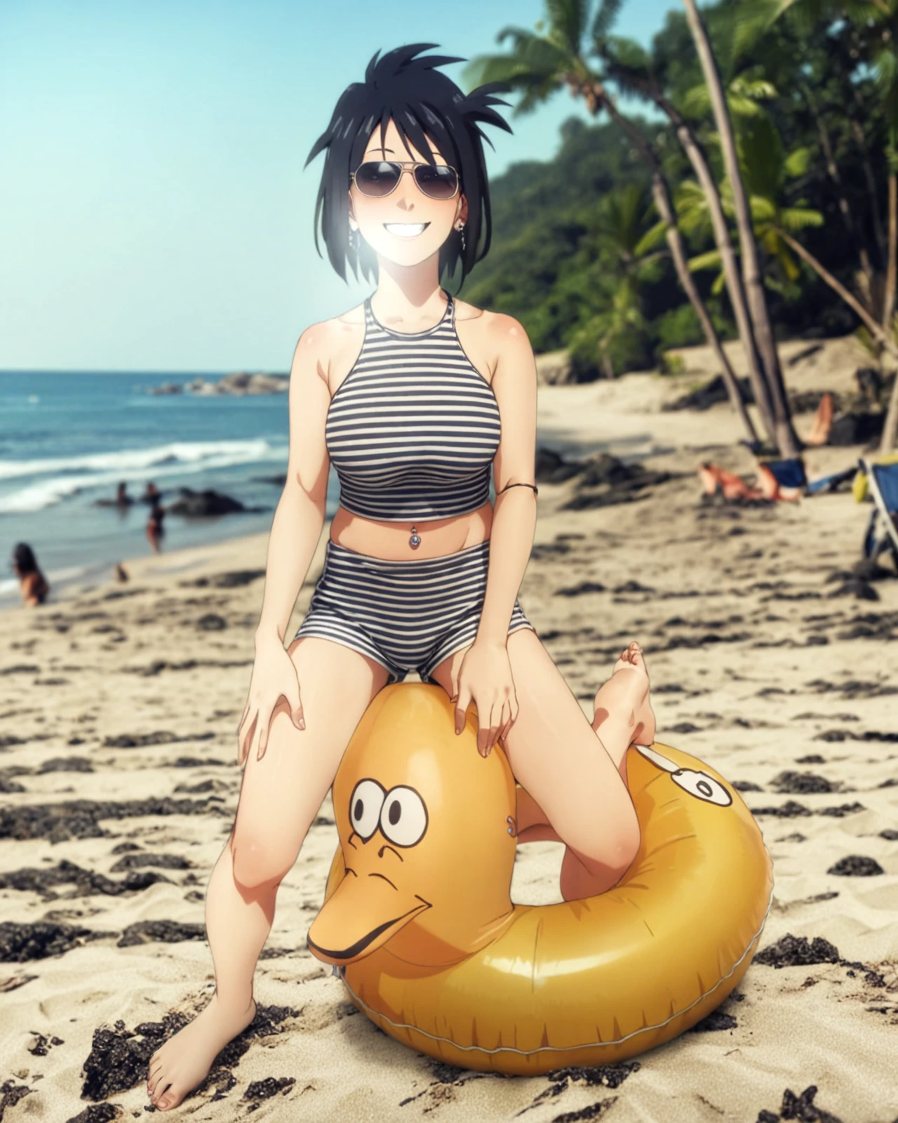 (Pixar style poster of a smiling woman on the beach with black hair with arms clenches