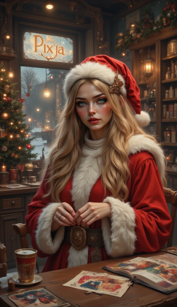 masterpiece, 8k, HDR, 3D, best quality, photograph, analog style, real life, extremely beautiful, (highly detailed, intricately detailed), (highly detailed skin), (alluring eyes), An image of (1female), long straight blonde hair, blue eyes, mascara, bright red lips, dressed as Santa Claus, looking at the viewer, with eyes full of excitement, carefully choosing different images for the Christmas gifts she is preparing. Each image she adds has a special and unique touch, transforming simple images into works of art full of love and care. The shop has a sign that says "Pixja" the text is "", creating a perfect atmosphere of warmth and creativity