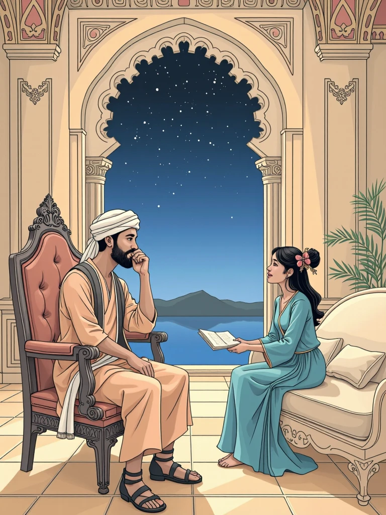 Draw a vivid scene depicting a figure of a sultan in traditional Middle Eastern dress, wearing a turban on his head, sitting on an ornate kingly throne. The man listens to the woman in amazement and love. An elegantly dressed woman in Middle Eastern clothes, wearing a small headdress with a tulle at the end, sits on a divan opposite him, cheerfully telling him a story. In the background, in a palace room, there is an elaborate window through which a starry night sky is visible, adding a magical atmosphere. Highlight the rich colours of their clothes and surroundings.