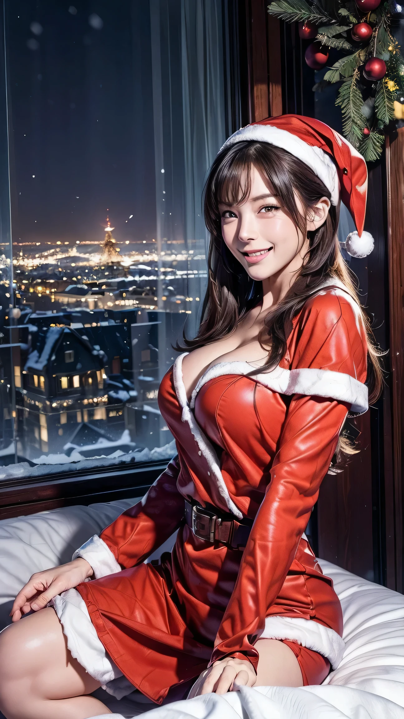   Masterpiece  ,  top quality ,  illustrations,  ultra detail ,  detailed,  high definition , 8k wallpaper, Perfect dynamic composition,  SEXY WOMEN 、 beautiful detailed eyes ,  opening mouse ,  old man with sexy face , Expression Full of Joy at Climax , Face at Peak Sexual Arousal ,  Look at the Viewers 、((smile))、 (( Christmas costume))、(( dark background )),  in Mark Demsteder's style，(( Luxury Hotel Bedroom ))、((Night view of the city with snow falling on the window ))、