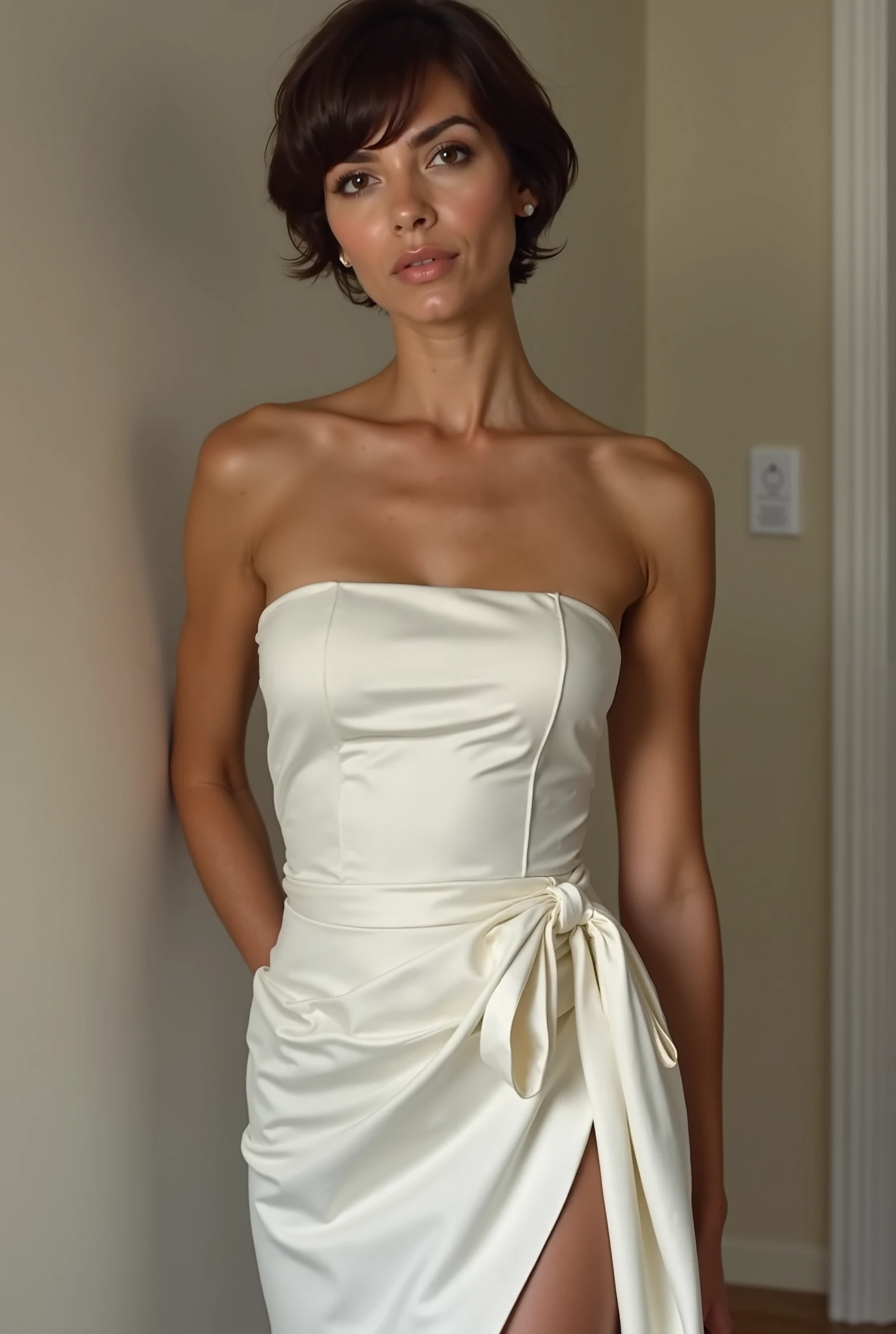 ((Highest quality)), ((8k)), ((masterpiece: 1.3)), (Perfect appearance), (Photorealism: 1.6), (JMA), (AIF), (Genuine:1.4), 1 Mature Woman, Perfect Anatomy, 65 years old, ((Realistic skin texture)), (Fine lines on the skin), (Dull skin), (Facial wrinkles), (Wrinkles around the eyes), double eyelid, Tear bags under the eyelids, Medium Long Hair, (Twisted front split dress, Elegant short sleeve crew neck dress), ((Standing posture: 1.3)), (Party Venue: 1.2),