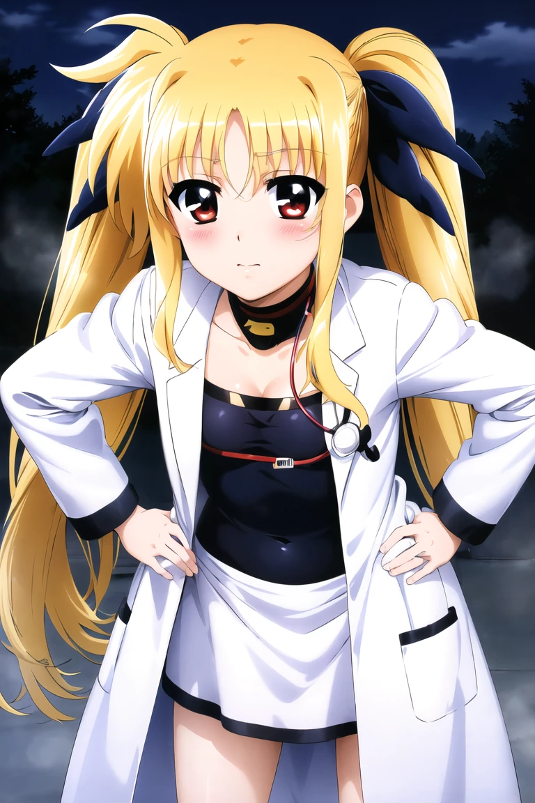 Fate Testarossa,megami magazine,long hair,blonde hair,twintails,hair ribbons,black ribbons,red eyes,small breasts,
(((1loli:1.2))),(is embarrassing,big blush,closed mouth,steam:1.0),((doctor costume,stethoscope,white longcoat,cleavage)),
((leaning forward,hand on hip:1.2)),
(night hospital background:1.0),clothed