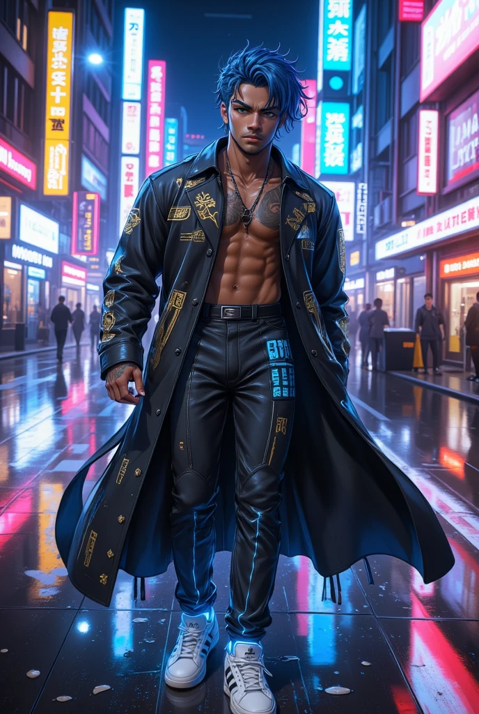 striking digital illustration of a Black male character, his distinct blue hair styled in a disguised, cyberpunk fashion, glowing faintly with neon undertones. His brown eyes radiate a calm intensity, and his skin is adorned with a unique, intricate sewing tattoo pattern that wraps around his entire body like a living artwork.

He is dressed in sleek cyberpunk pants with glowing accents, paired with stylish, iconic Adidas sneakers, blending modern fashion with a futuristic vibe. Over his outfit, he wears a flowing Jujutsu Kaisen-inspired overcoat, detailed with bold symbols and intricate designs reminiscent of the anime’s aesthetic, the fabric billowing slightly as if caught in a breeze.

The background is a vibrant cyberpunk cityscape, glowing with neon signs, holographic projections, and rain-slicked streets reflecting the lights. The overall composition combines dynamic energy and sharp detail, emphasizing his stylish yet enigmatic presence.

| cyberpunk | anime-inspired | detailed tattoo | futuristic fashion | vibrant neon lighting | Jujutsu Kaisen aesthetic | high-resolution | cinematic pose | photorealistic textures | modern and futuristic fusion | 8K ultra-detail.