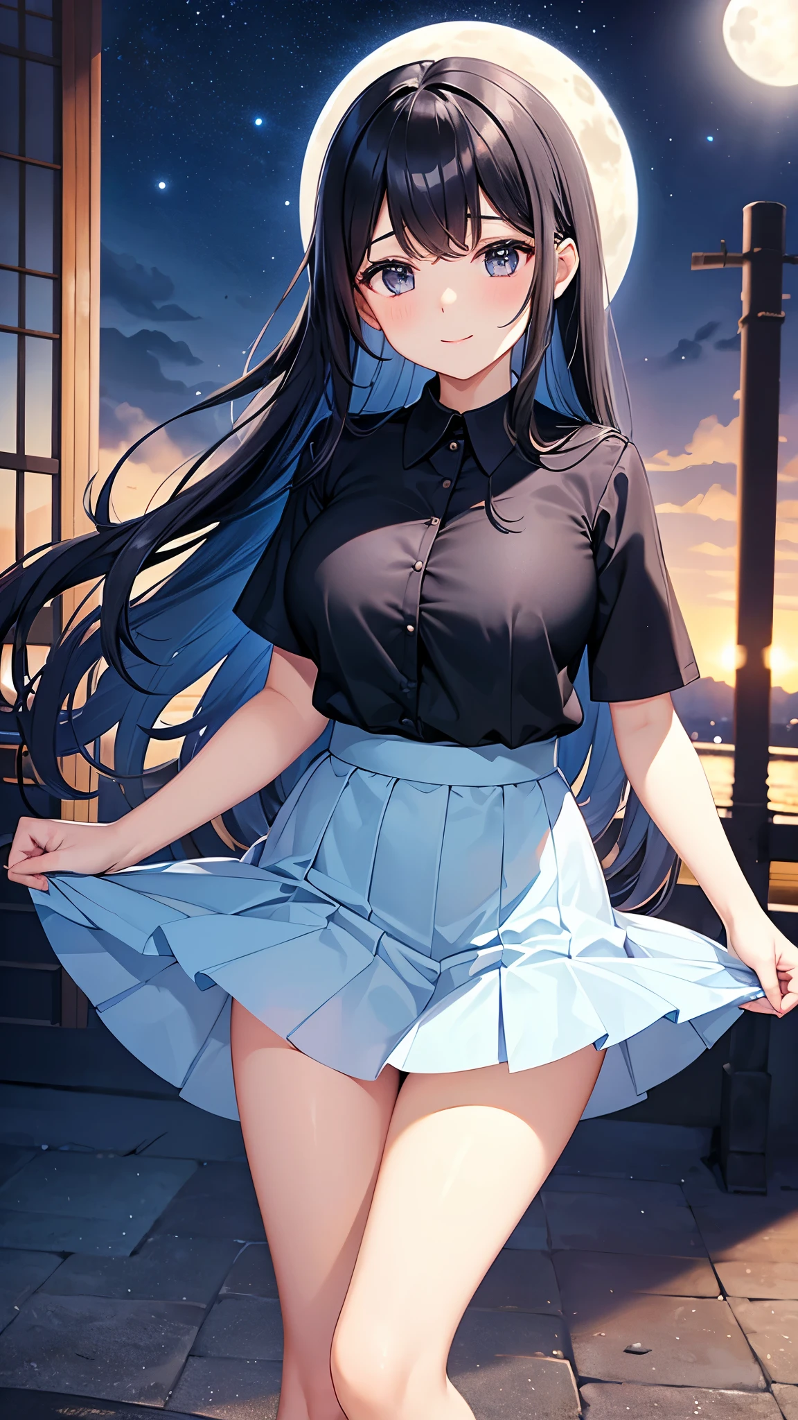 Black haired high school girl、 The blue bra with big breasts is transparent、 short sleeve uniform standing with legs wide open 、 best smile 、  blue miniskirt flared skirt  、black leather shoes 、desert、Full moon and night sky、 white panties