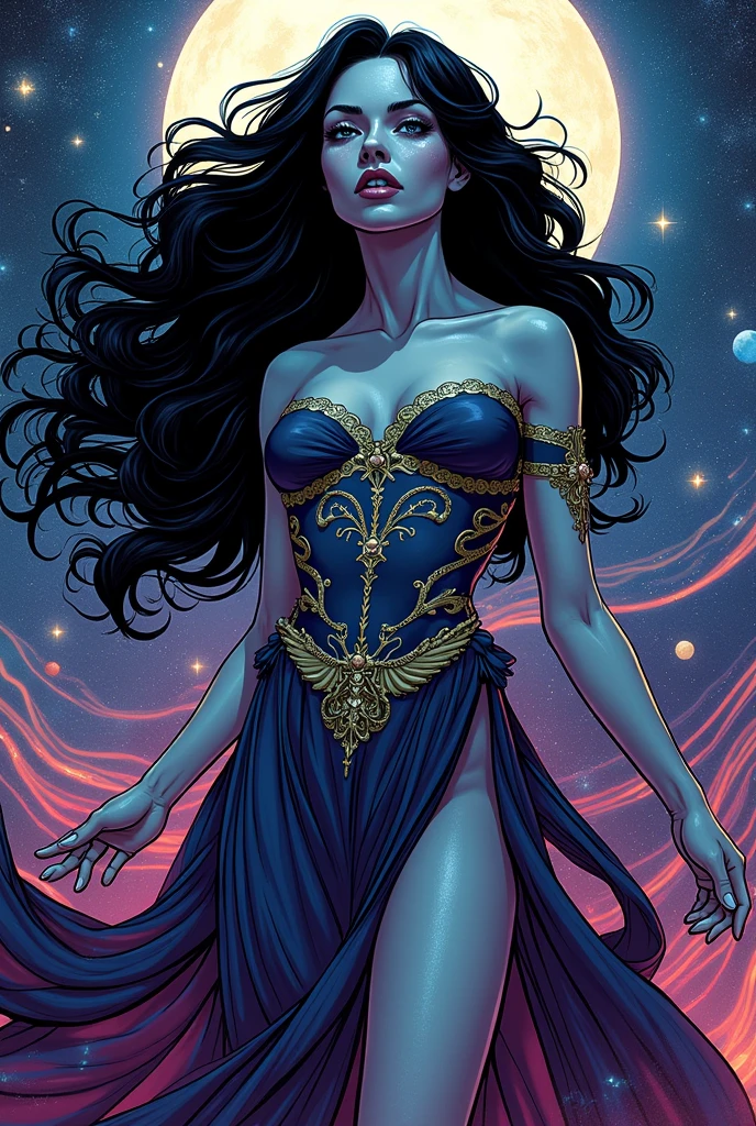 In a kaleidoscopic realm of swirling iridescent stardust and blazing neon nebulae, the celestial enchantress Grace holds rapturous dominion. Her incandescent form outshines the brilliance of quasars.
Grace's divine visage is haloed by ethereal obsidian tresses cascading down her curvaceous silhouette. Her smoldering indigo eyes penetrate any who behold their kaleidoscopic depths.
The enchantress's prismatic garments radiate the full spectrum across her sensuous curves. Diaphanous crimson, ultraviolet, and violet robes spiral in a chromatic vortex. Stardust swirls crown her as the mistress of beguiling chromatic allure.
Her chromatic domain births new realms of dazzling color - fuchsia nebulae amid emerald stellar nurseries shower azure stars. Colliding amber and turquoise galaxies birth ultraviolet and indigo splendor.
Though her chromatic temptation could overwhelm mortals, Grace's power lies in nurturing radiance. Weaving prismatic strands, she infuses newborn celestial bodies with infinite potential. Obsidian lips seem to breathe the secrets of rainbows.
In this blinding, coruscating realm, the smoldering yet fully-clothed celestial enchantress Grace reigns supreme. Her irresistible kaleidoscopic allure fuels perpetual dazzling creation and rebirth throughout the cosmos.