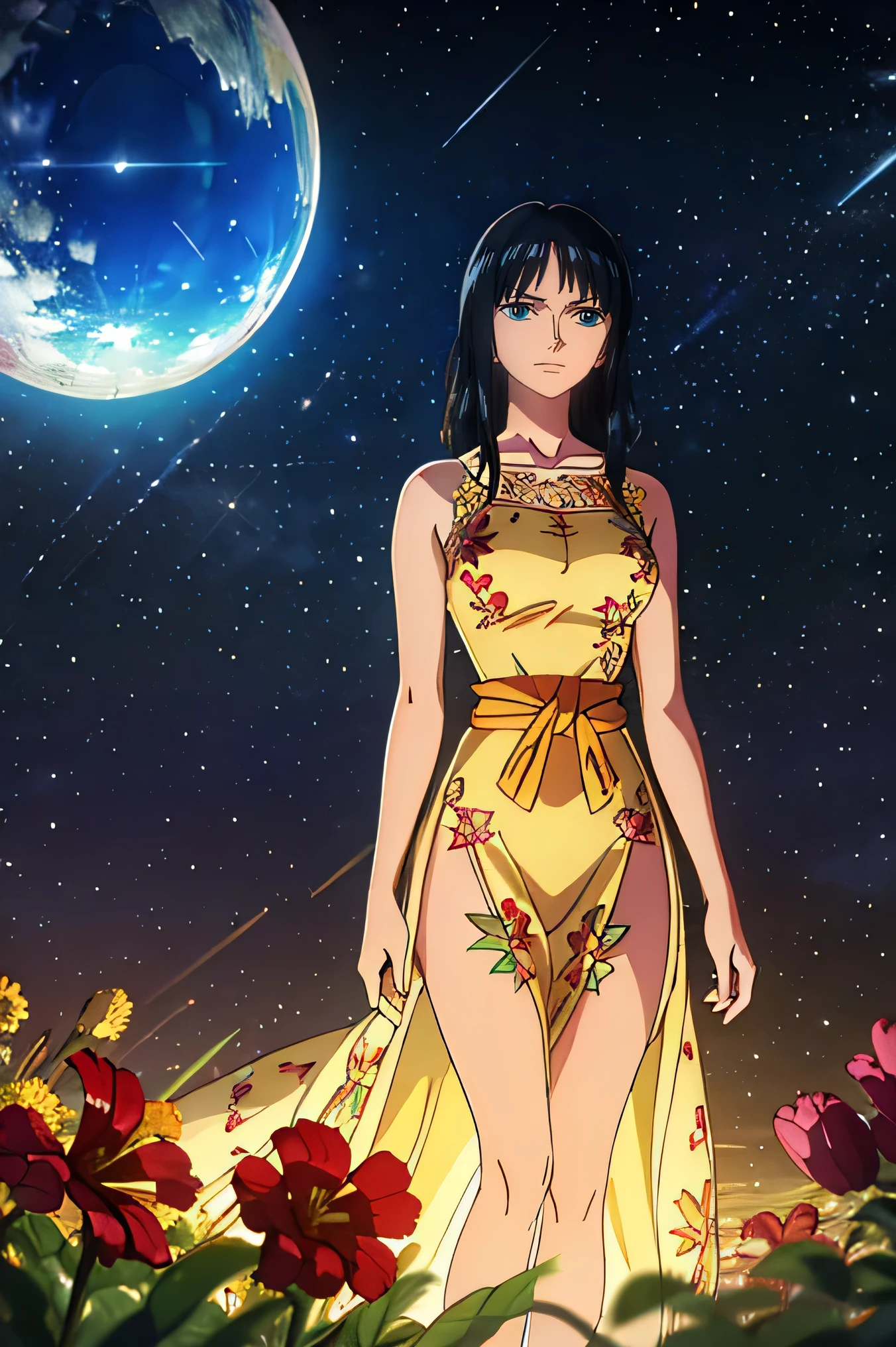 Outdoors, the sky, the halo, divine light shines from all directions,Masterpiece, highest, quality, high resolution and high quality detailed,Awesome beautiful woman. Sacred and solemn ornaments, wrists, neck, and waist.Goddess Physis. Dressed in a transparent yellow tunic, adorned by floral and natural elements. Small breasts. In the background, a beautiful field of wildflowers. Realistic photo. Ultrareal. RAW PHOTOS