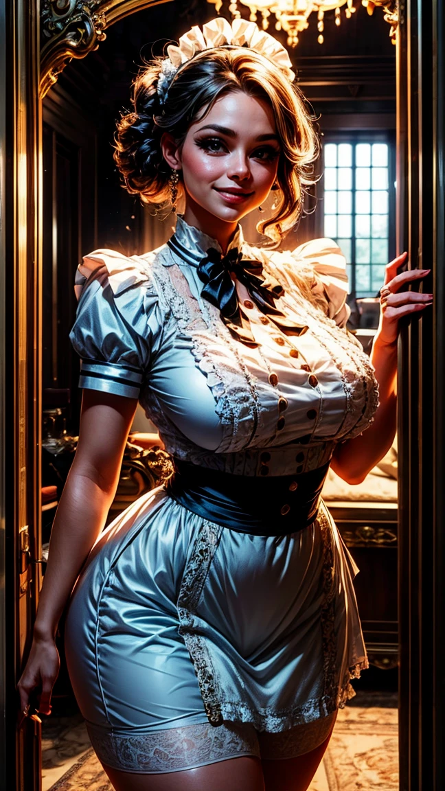 A 30-year-old MILF maid, radiating sensuality and confidence, stands in the doorway of a grand, vintage manor. Her figure is curvaceous and elegant, with an ample chest and wide hips that are beautifully highlighted by the classic very short black and white maid uniform. The outfit fits perfectly, hugging her toned, voluptuous shape while the frilled apron and lace stockings add an innocent touch.

Her hair is styled in soft, voluminous waves that frame her mature, alluring face. With a playful, yet commanding smile, she holds a feather duster in one hand, while her other hand rests on her curvy hip, her posture suggesting both grace and authority. The soft, warm glow of the chandelier above casts shadows that accentuate her sculpted silhouette, creating an air of sultry sophistication.

Behind her, the room is filled with antique furniture, further emphasizing the timeless elegance she exudes. Her gaze, a blend of seduction and confidence, invites intrigue, pulling you into the mysterious world she controls.