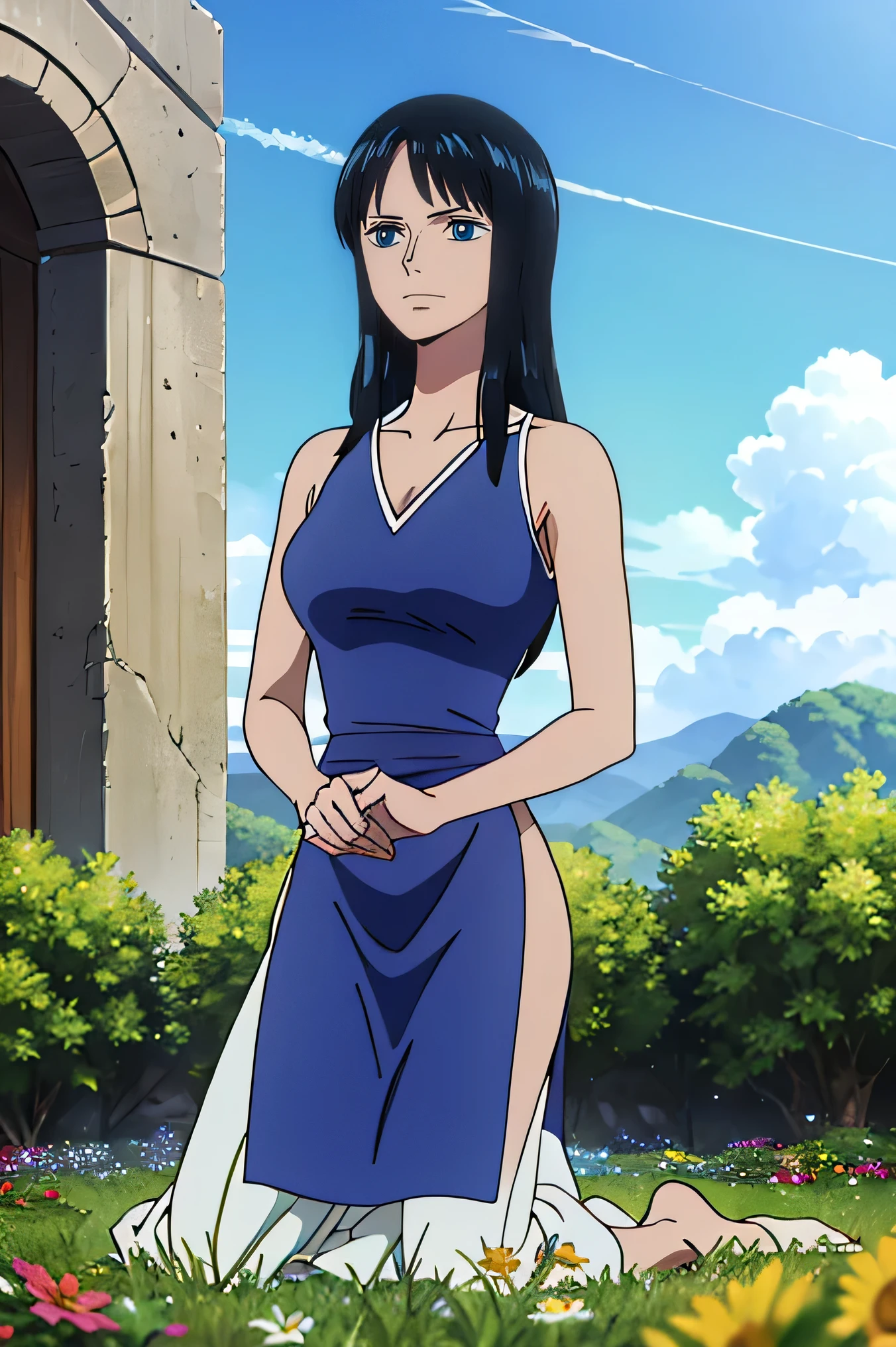 Outdoors, the sky, the halo, divine light shines from all directions,Masterpiece, highest, quality, high resolution and high quality detailed,Awesome beautiful woman. Sacred and solemn ornaments, wrists, neck, and waist.Goddess Physis. Dressed in a transparent yellow tunic, adorned by floral and natural elements. Small breasts. In the background, a beautiful field of wildflowers. Realistic photo. Ultrareal. RAW PHOTOS