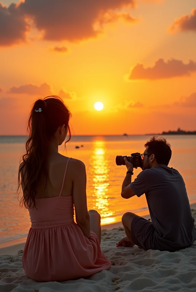 Girl in white dress dancing in the distance Boy holding camera standing near camera looking at girl Sunset at the beach Gentle wind