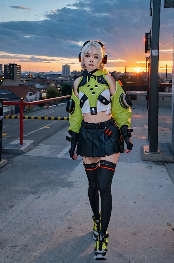 a cute solo,anby demara, white short hair,black thighhighs, black pleated skirt, headphones, fingerless gloves, choker, cropped jacket, detached sleeves, thigh strap, standing sexypose in a city at sunset time, full body.