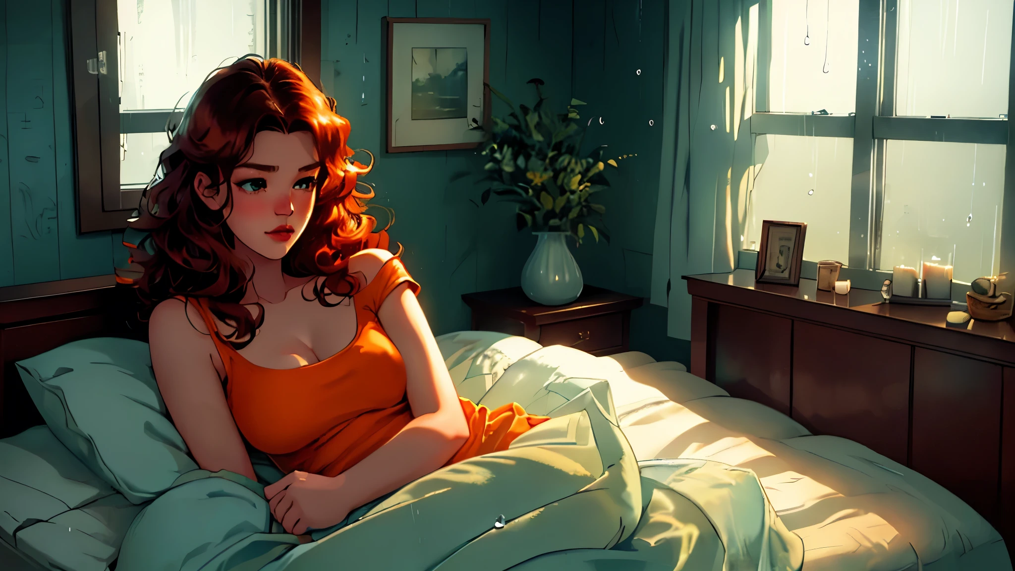 "A cozy and cinematic bedroom with a dark, rainy atmosphere featuring A woman medium boobs with short wavy auburn hair, wearing a lush green top and fit jeans laying on the bed. The room is illuminated by moody neon lights in shades of warm orange and teal, casting a soft glow on the walls. A vintage classic TV is playing static or an old movie, adding a nostalgic touch. Through the large glass window, heavy rain is visible, with water droplets streaming down the glass, creating a calming ambiance. The room features minimalistic furniture, with a comfortable bed and a small nightstand. The scene is rich with detail, evoking a sense of solitude and serenity."
