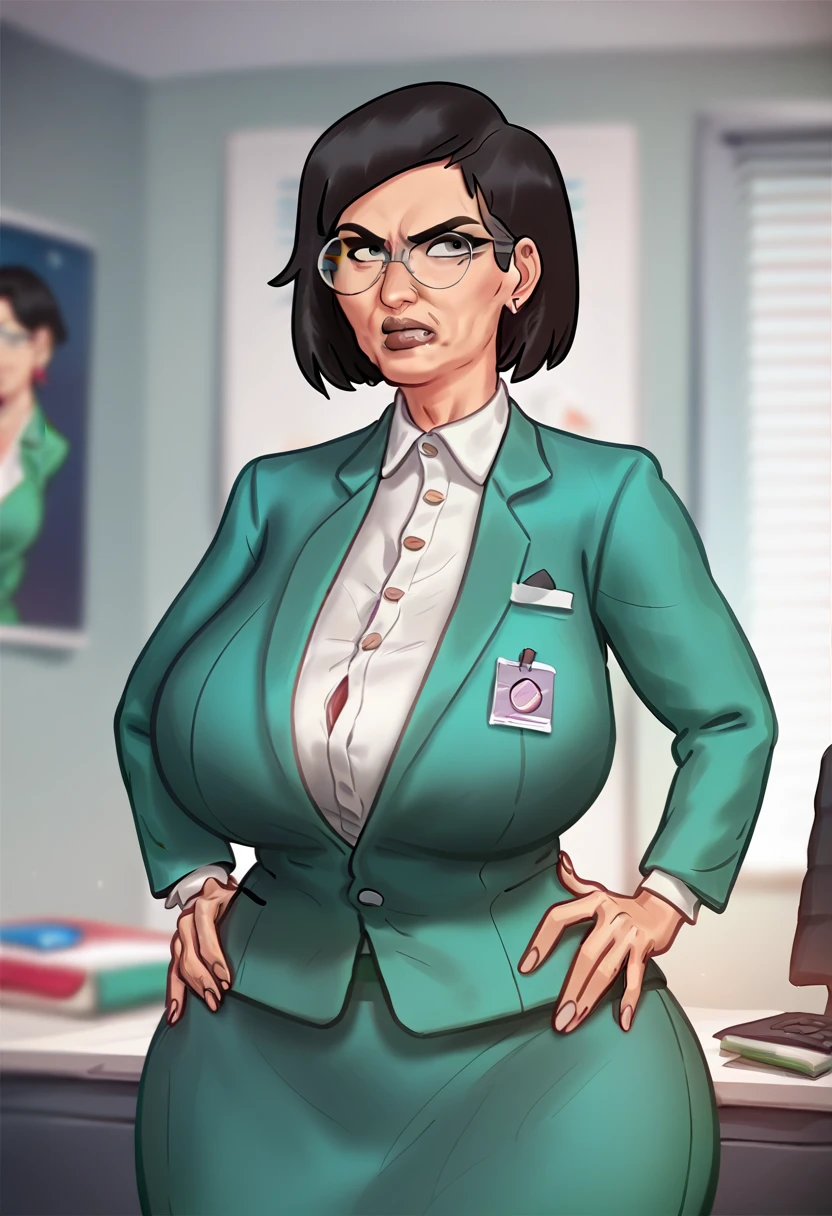 Female,milf,mature,46 years old, medium bob hairstyle ,black hair,grey glasses, angry face,green blazer,green pencil skirt, gigantic boobs, gigantic ass,a manager office room,front view,brown lipstick,both hand on hips,