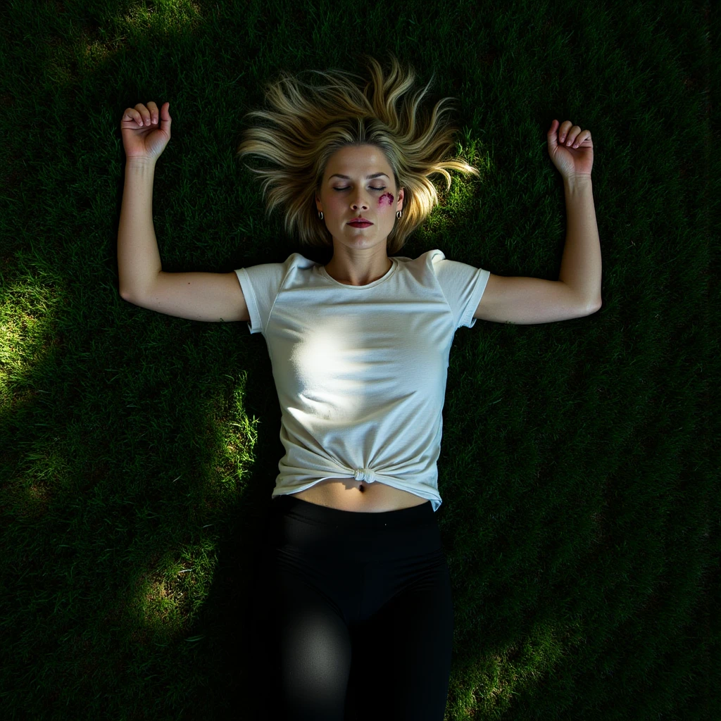 ultra-realistic top down full-body view of a young, beautiful 30 year old Ali Larter, unconscious on a lush, verdant grassy field, conveying a mix of vulnerability and peace. Her eyes are gently closed, arms stretched out to the sides in a gesture of surrender or acceptance, legs slightly bent at the knees, embodying both fragility and repose. Her blonde hair is tousled and spread out around her head like a natural halo. She wears a slightly torn white t-shirt, natural makeup with smudges suggesting a recent struggle, form-fitting black leggings with subtle grass stains, and large silver hoop earrings. Her body shows visible but not gruesome injuries like scrapes, bruises, and a small cut on her cheek, adding depth to the narrative of survival or escape. This scene evokes a strong emotional response; there's a poignant contrast between the violence implied by her injuries and the serene, almost ethereal atmosphere. Sunlight filters through an overhead canopy of oak trees, casting soft, dappled shadows across her form and the grass, enhancing the textures of both the fabric and nature, symbolizing hope or a new beginning amidst adversity. The composition is cinematic, focusing on realism to capture the haunting beauty, the quiet after conflict, with every detail from the texture of the grass to the weave of her clothing meticulously rendered, inviting viewers to ponder her story, her resilience, and the peace she has found in this moment."